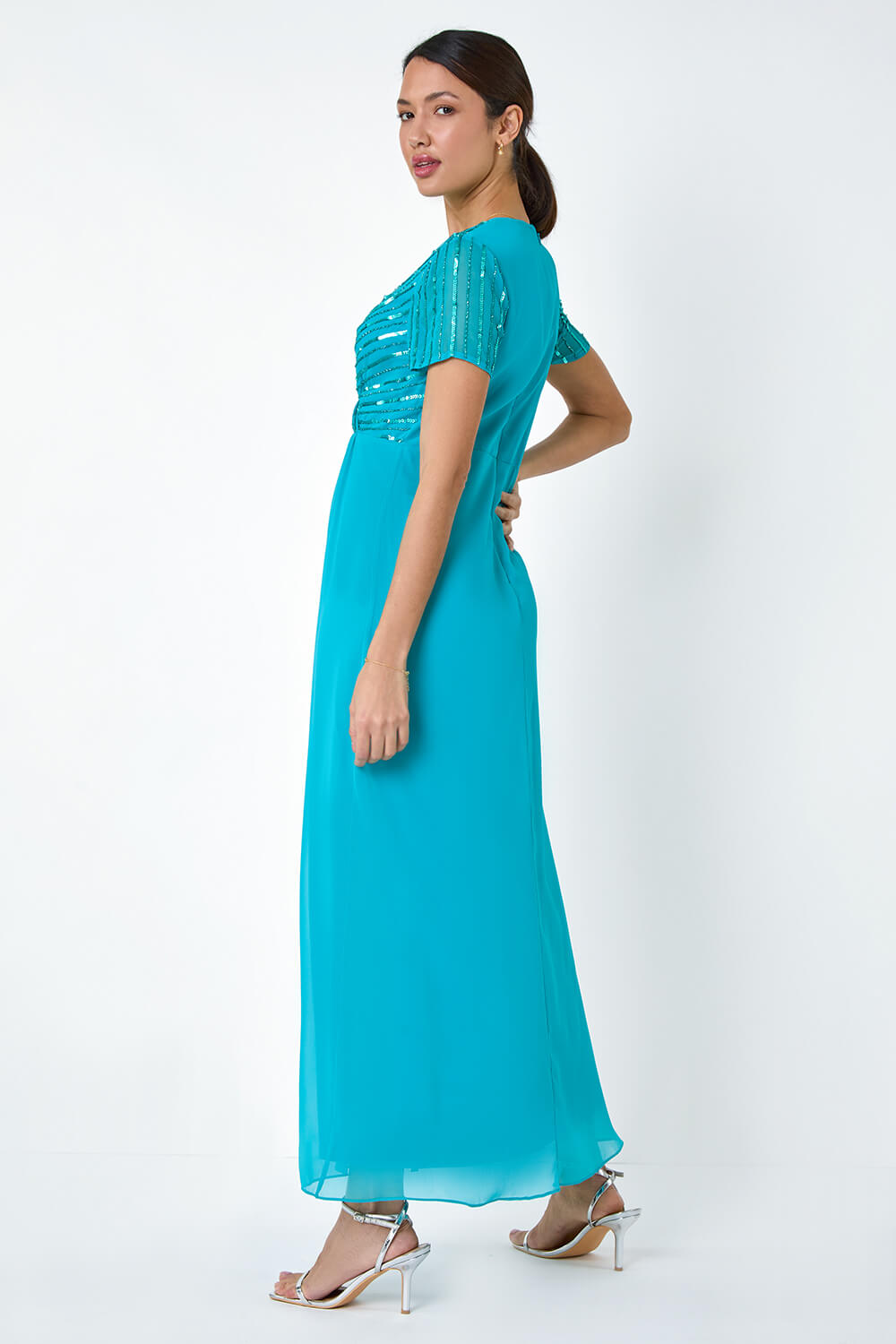 Teal Sequin Embellished Maxi Dress, Image 3 of 5