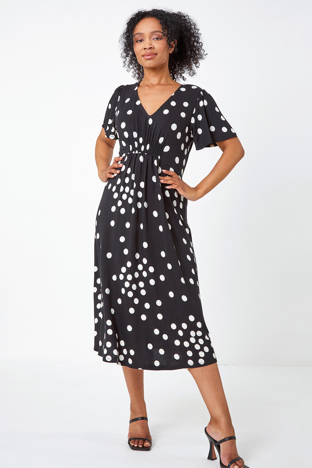 Black Petite Polka Dot Stretch Midi Dress, Image 2 of 5