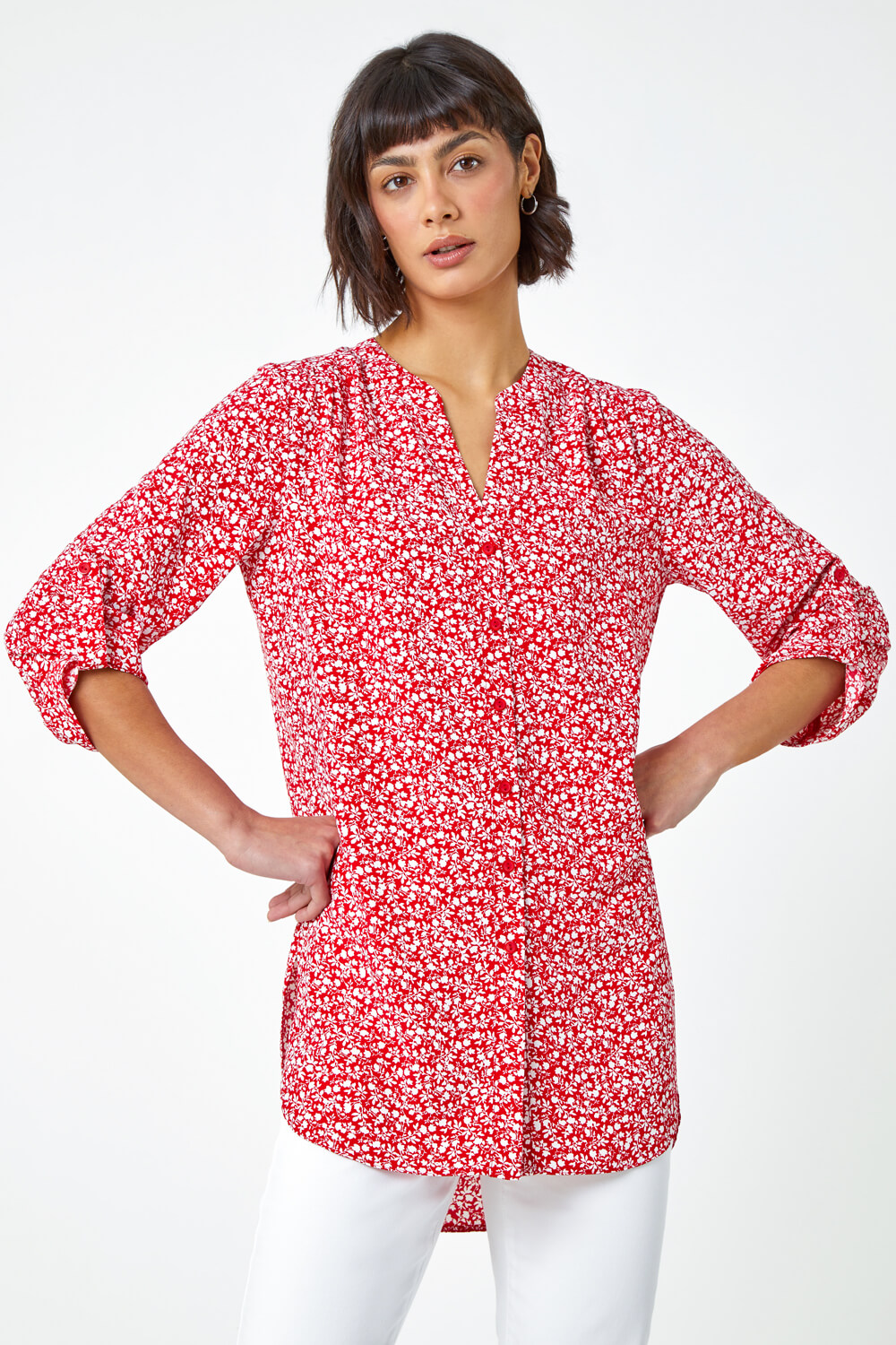 Red Ditsy Floral Print Longline Blouse, Image 4 of 5