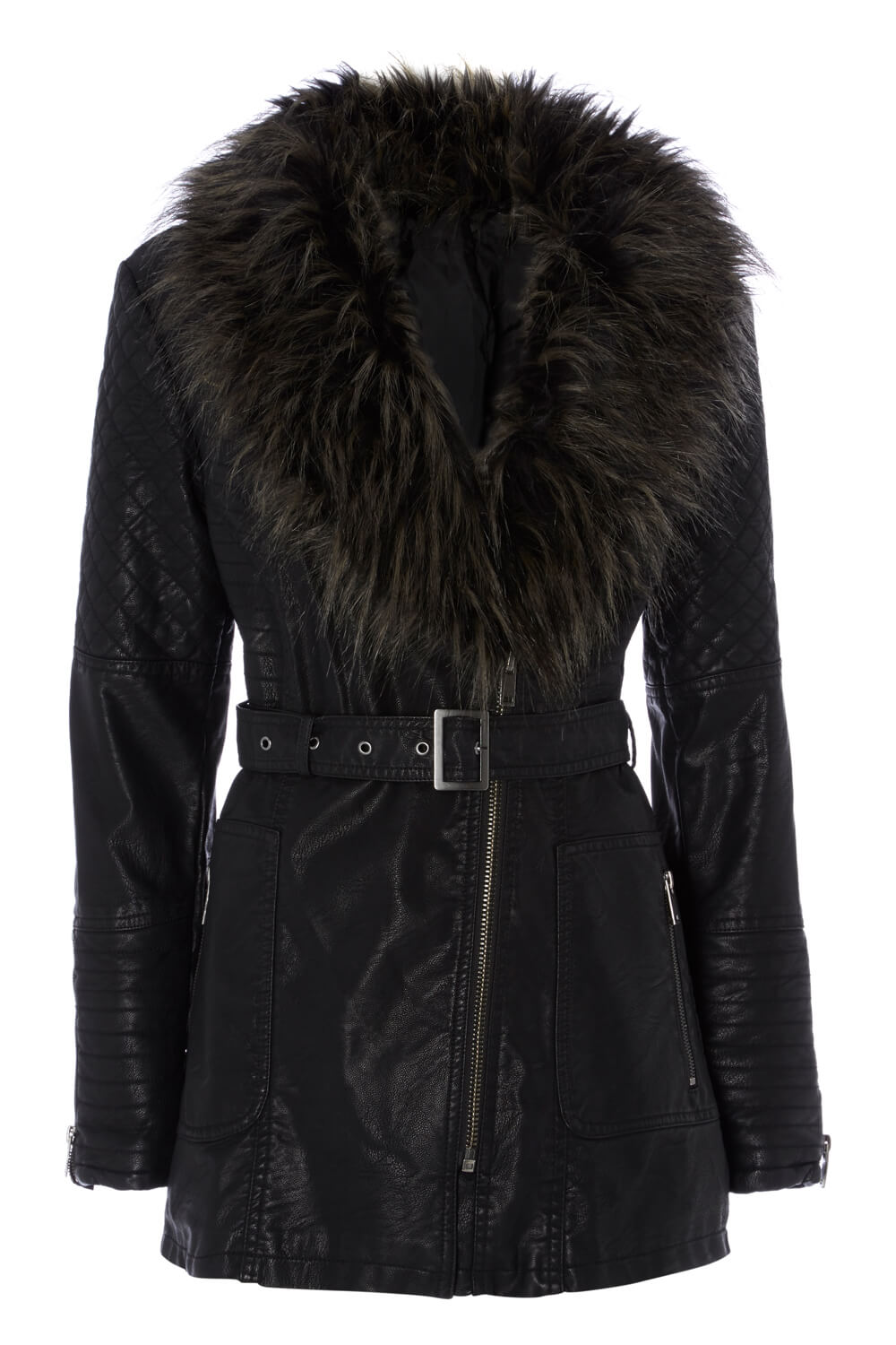 Faux Fur Trim Leather Coat in Black - Roman Originals UK