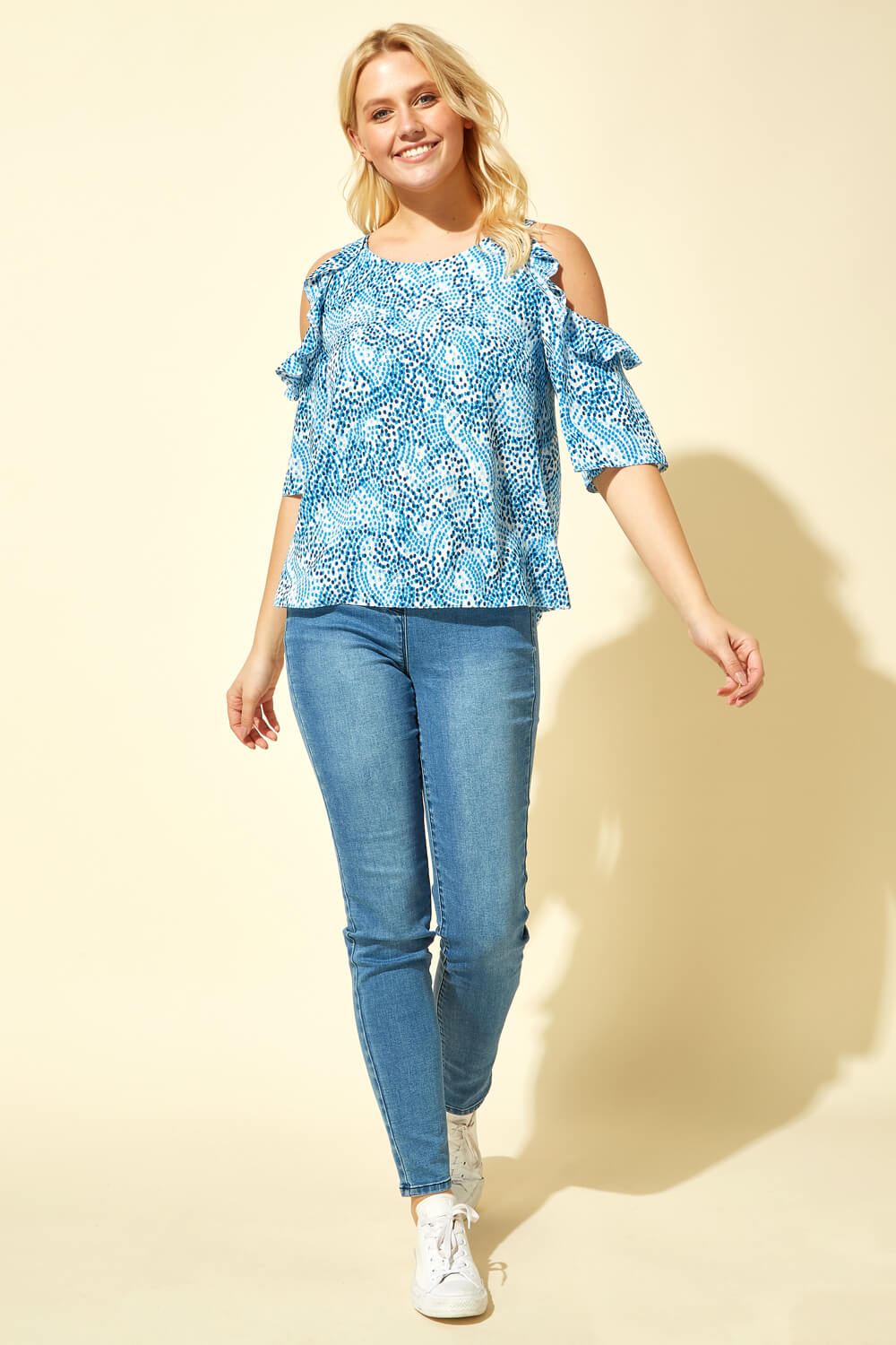 Blue Ruffle Cold Shoulder Spot Top, Image 2 of 4
