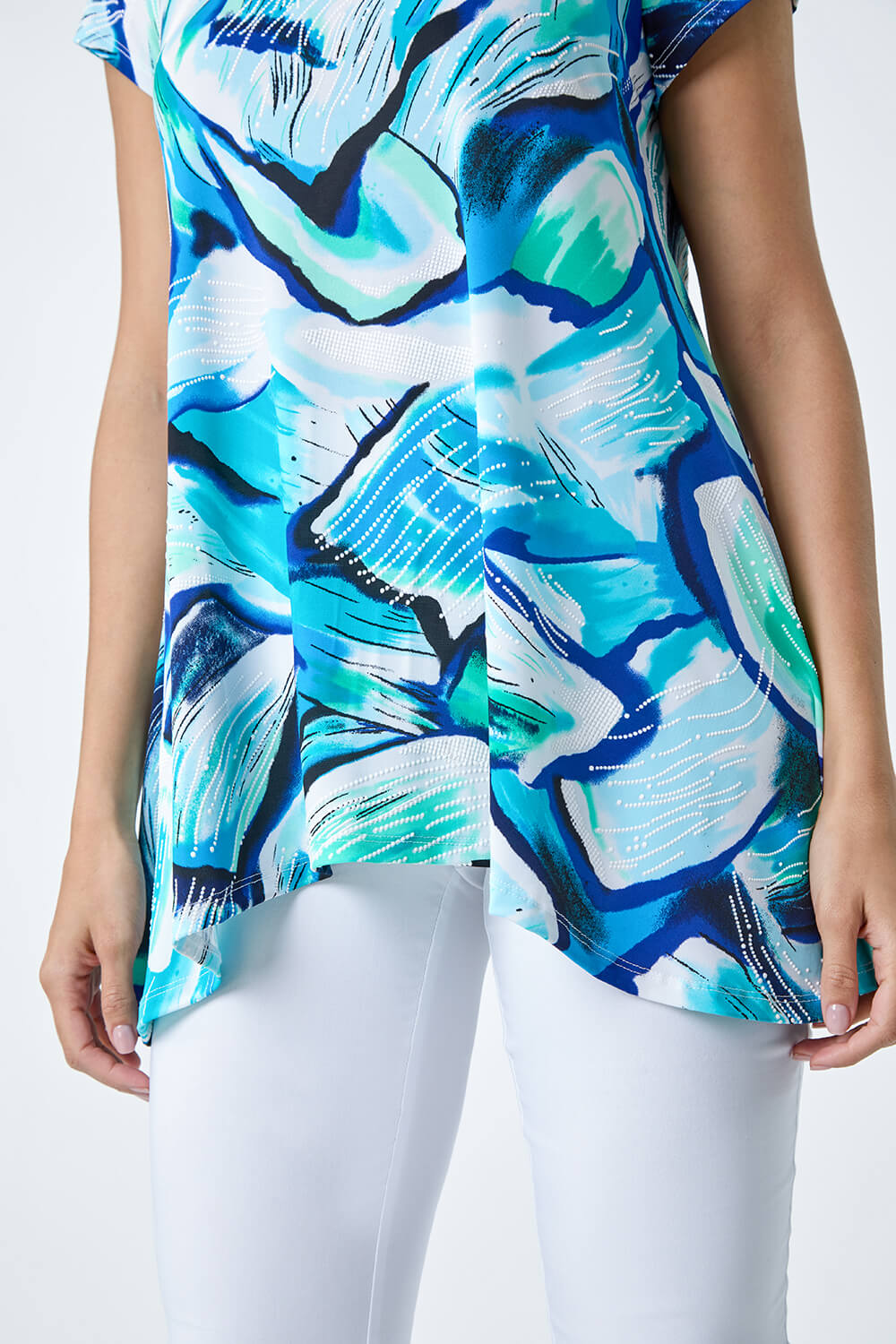 Turquoise Textured Abstract Stretch Hanky Hem Top, Image 5 of 5