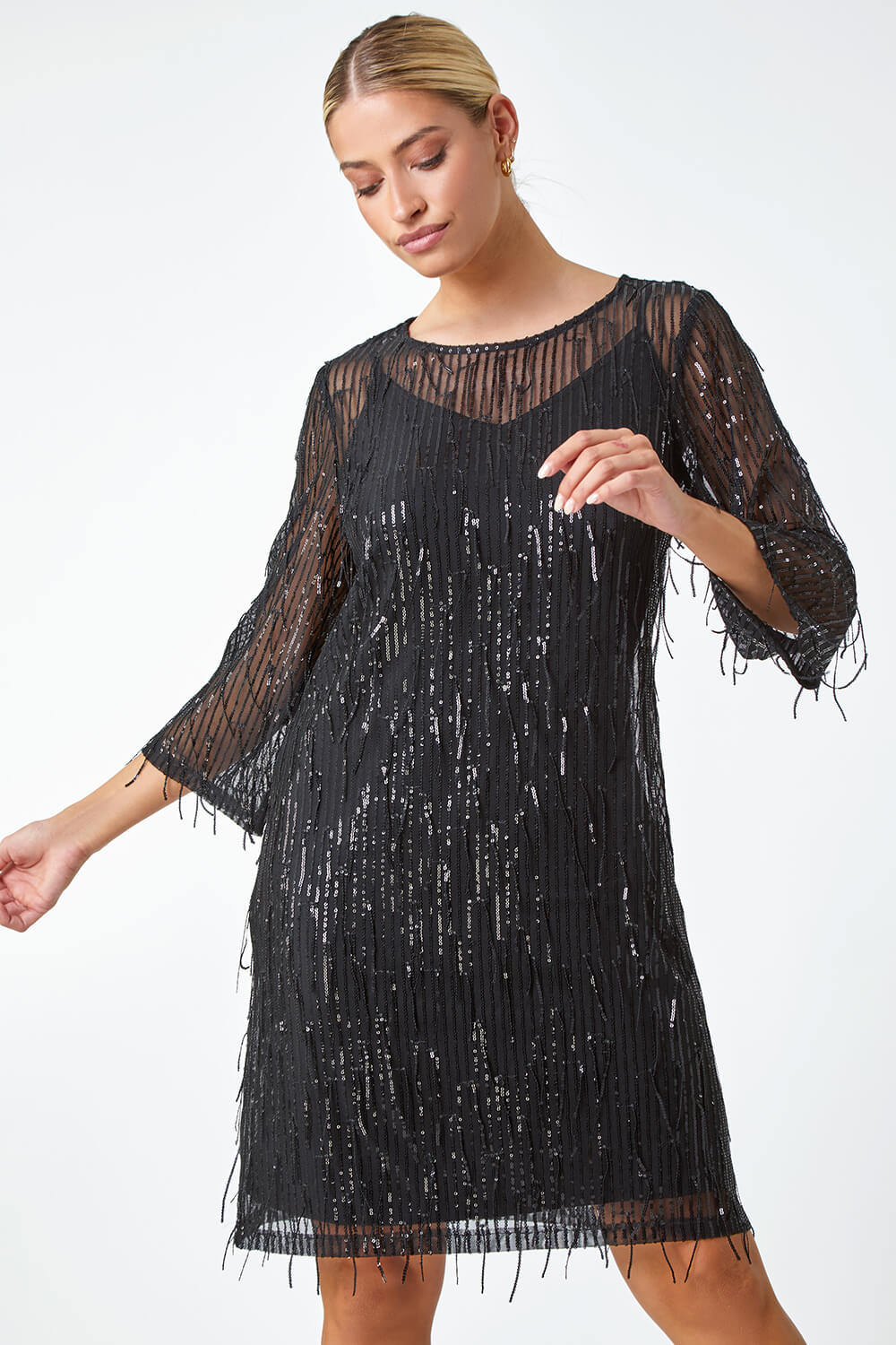 Black Sequin Sparkle Tassel Shift Dress, Image 2 of 5