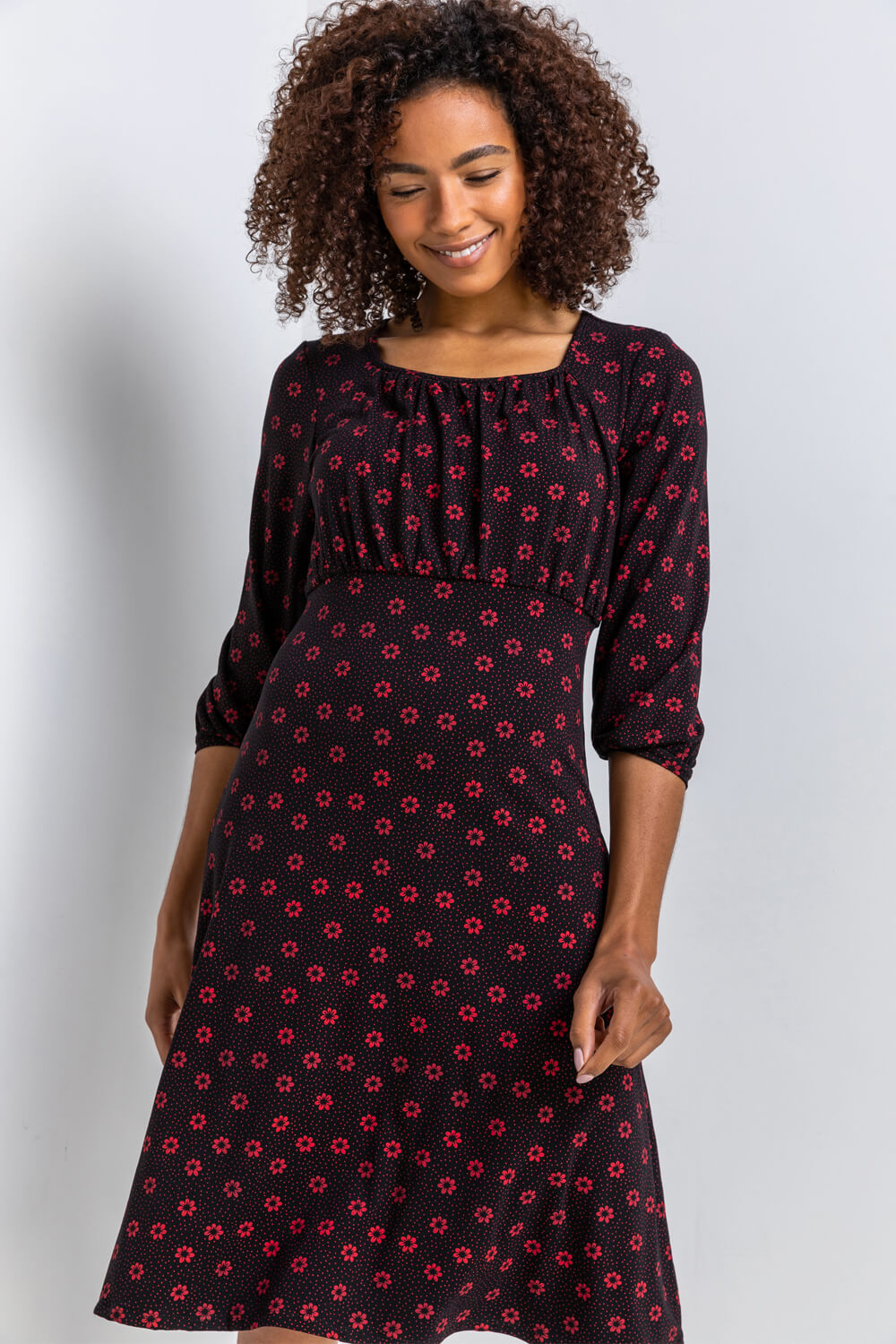 Red Square Neck Floral Spot Print Dress, Image 3 of 5