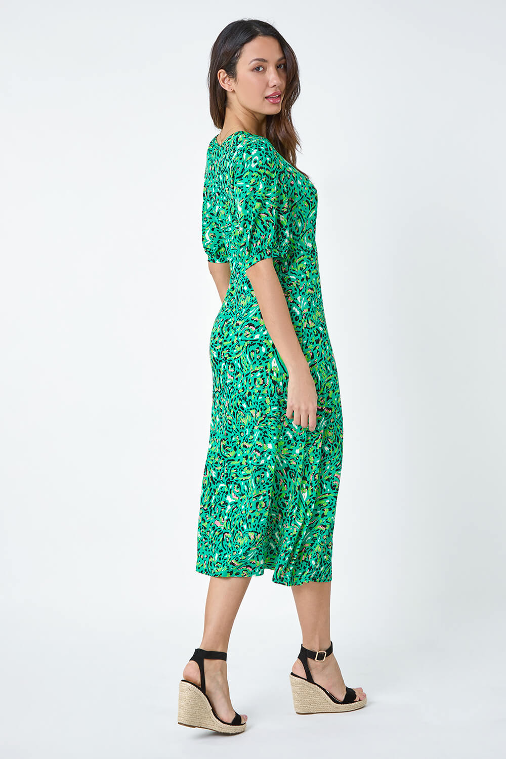 Green Animal Print Keyhole Stretch Dress, Image 3 of 5