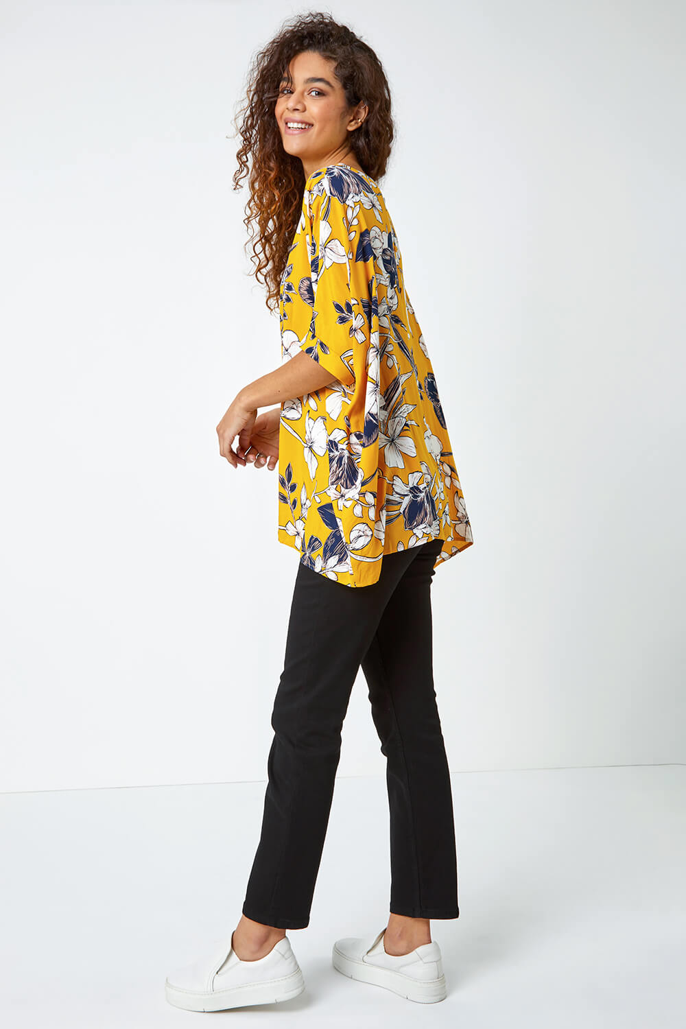 Yellow Floral Print Button Back Top, Image 3 of 5