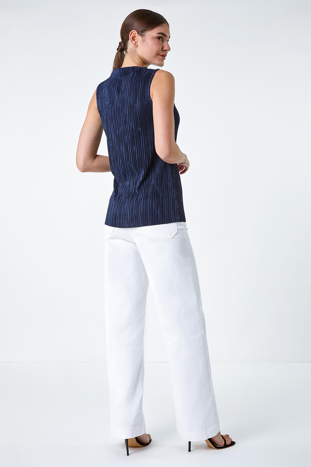Navy  Plisse High Neck Stretch Top, Image 3 of 5