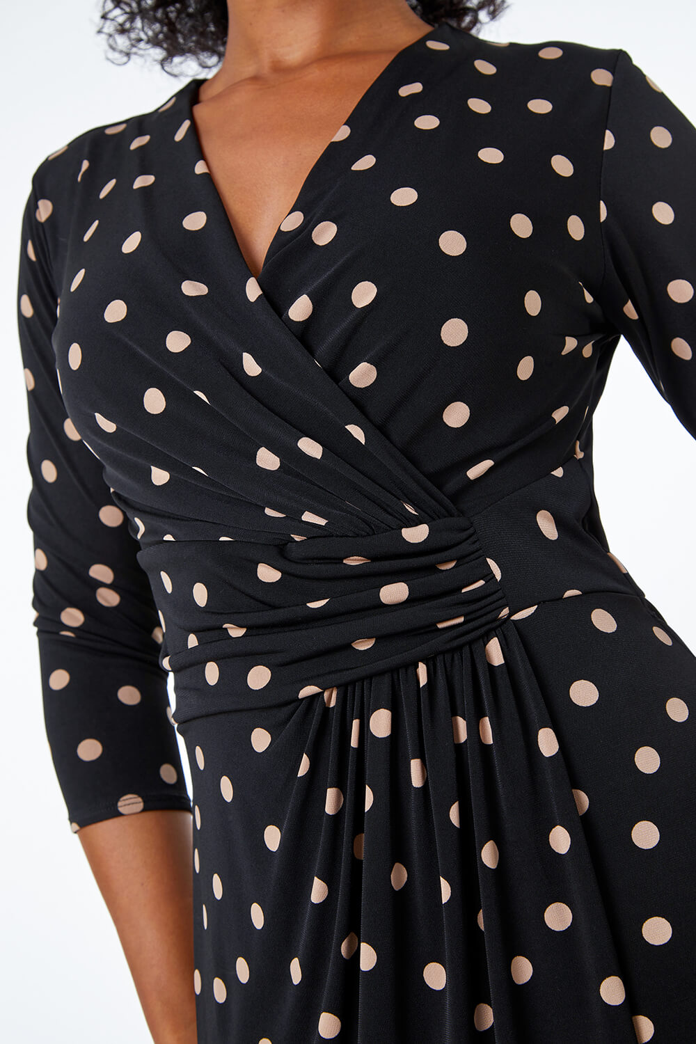Black Petite Side Wrap Spot Midi Dress, Image 5 of 5