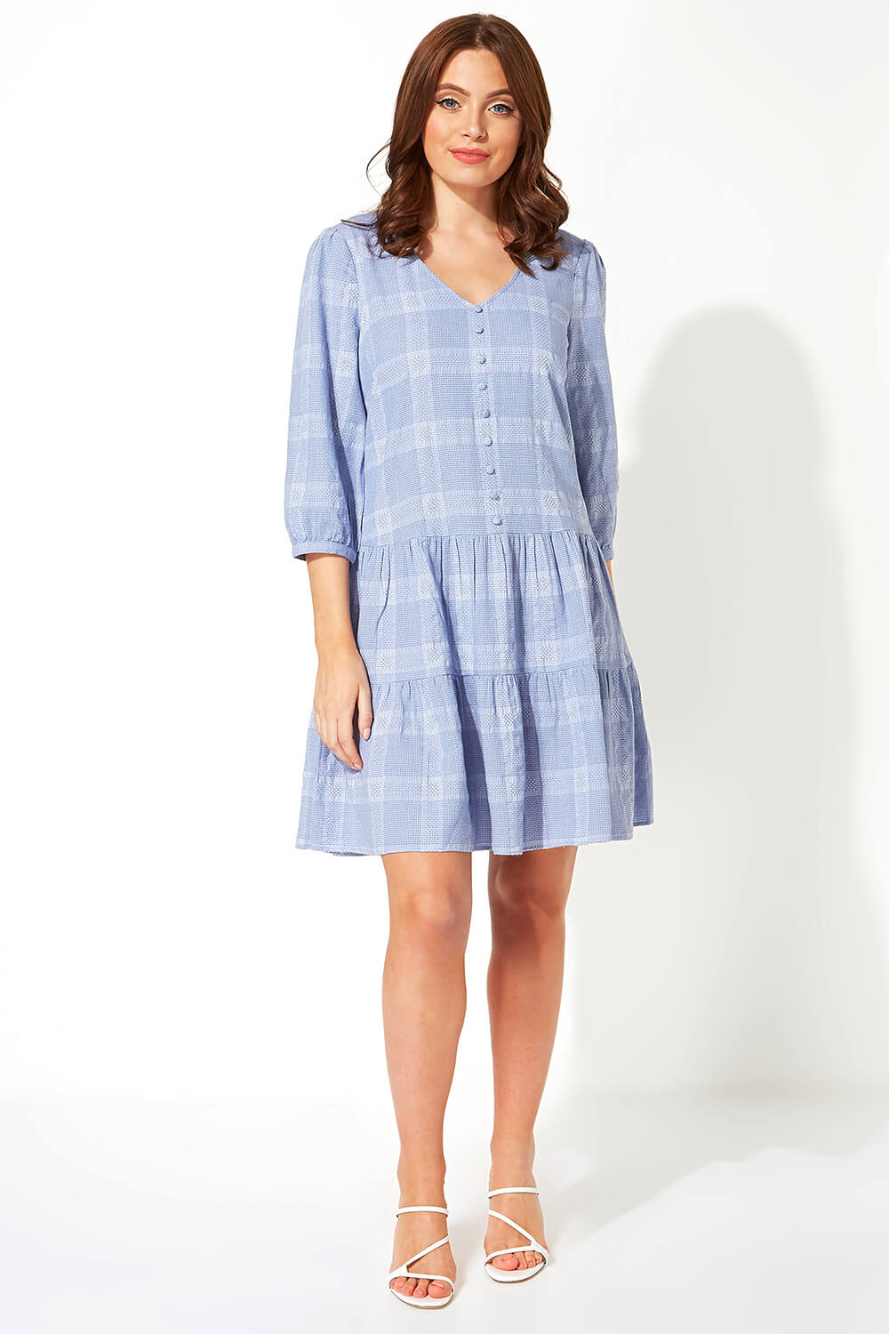 Blue Check Tiered Swing Dress, Image 2 of 5