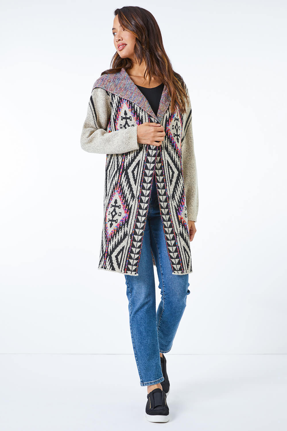 Natural  Aztec Hooded Longline Cardigan, Image 3 of 5