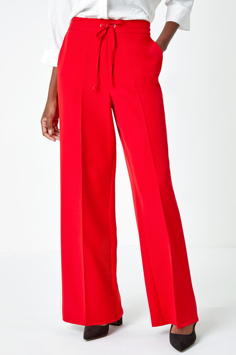 Red Wide Leg Tie Front Stretch Trouser, Image 4 of 7