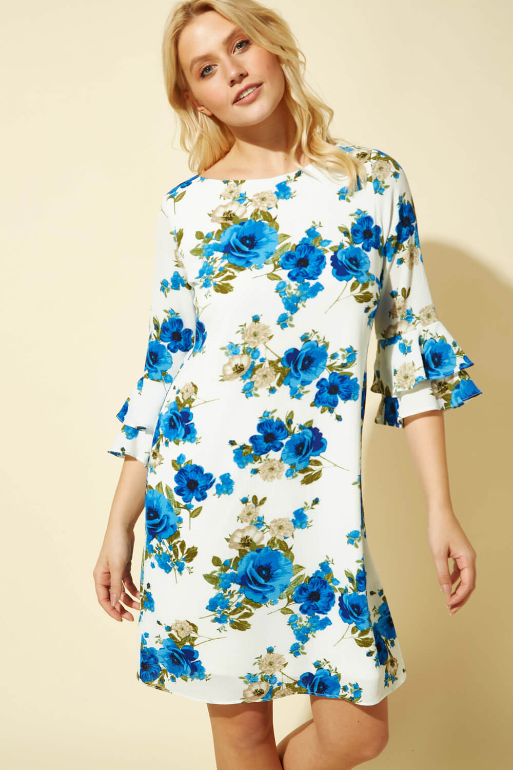 Floral Print Shift Dress in Ivory ...