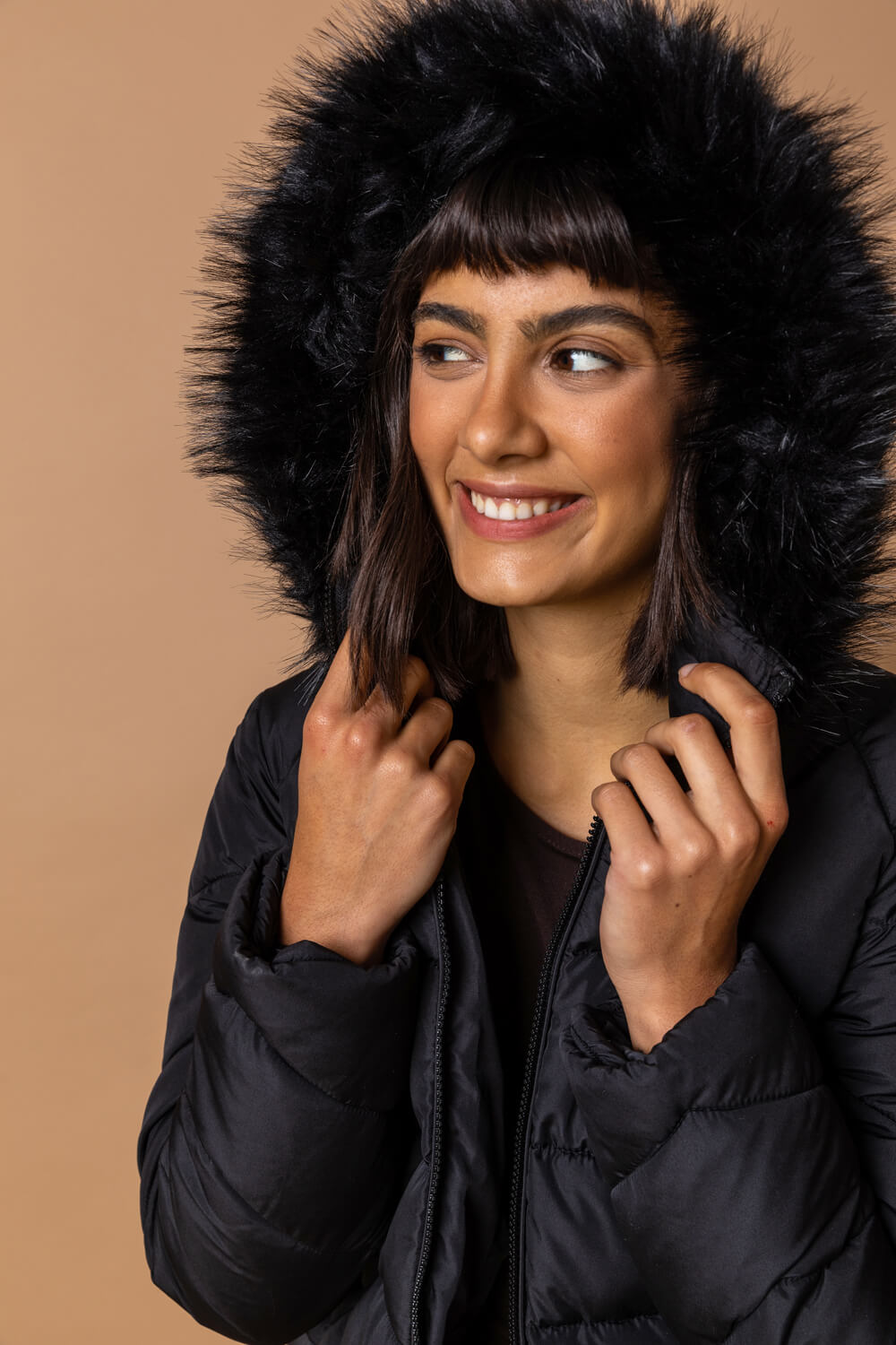 Faux Fur Trim Hooded Coat in Black - Roman Originals UK