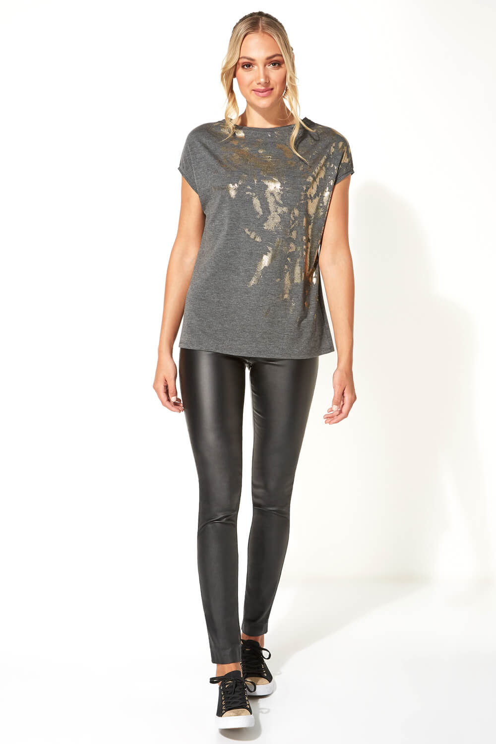 Grey Abstract Foil Print T-Shirt Top, Image 2 of 4