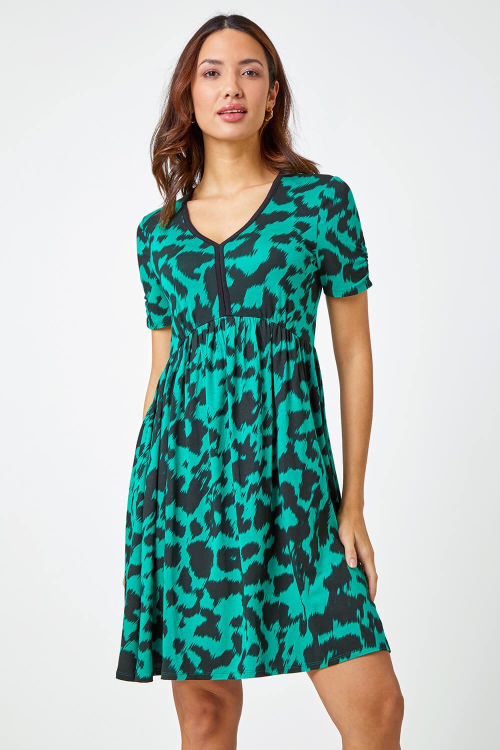 Green Abstract Print Stretch Jersey Dress, Image 2 of 5