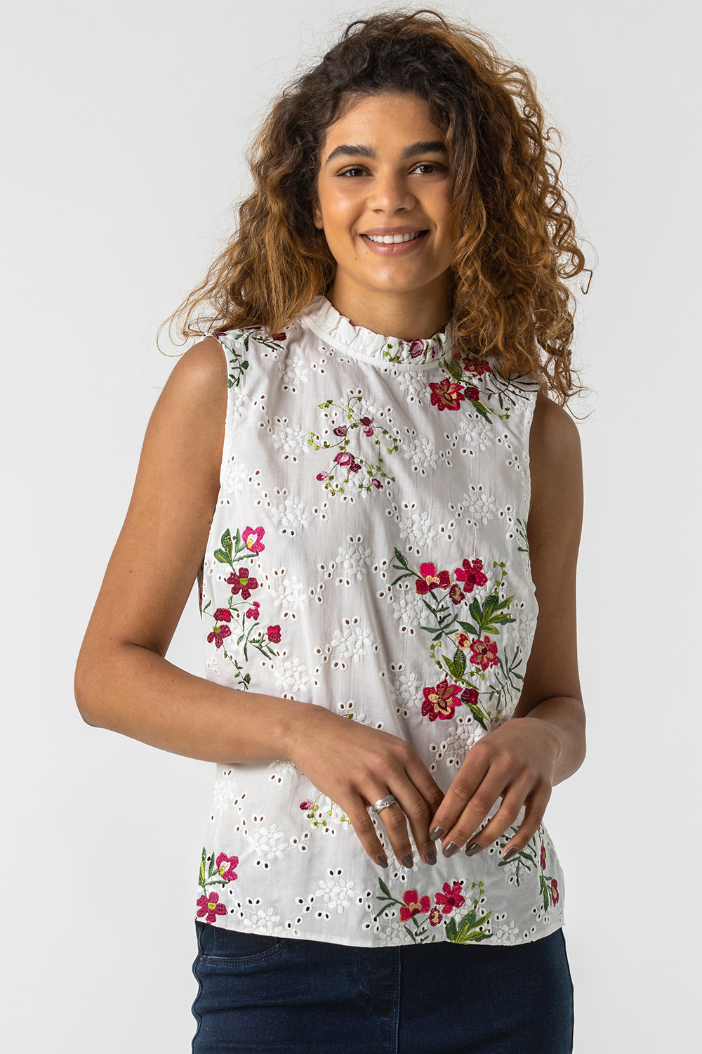 Floral Embroidered Frill Neck Top