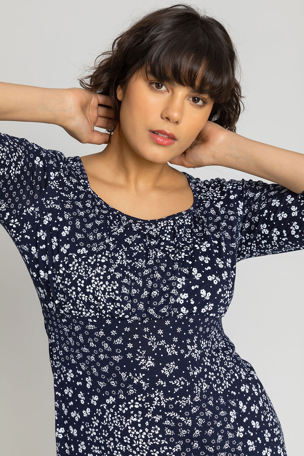 Navy  Ditsy Floral Print Gathered Top, Image 4 of 4