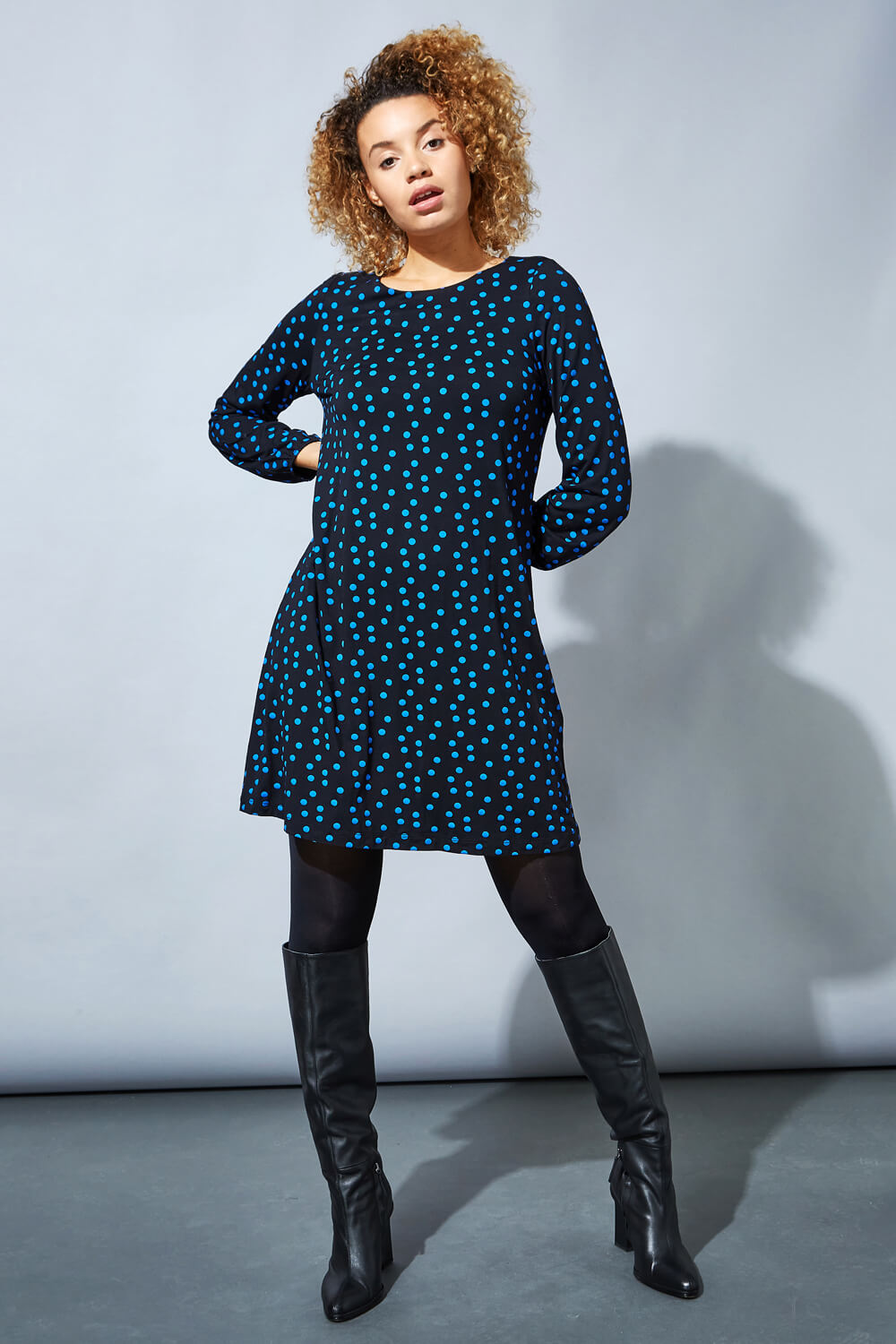 Blue Long Sleeve Spot Print Shift Dress, Image 2 of 4