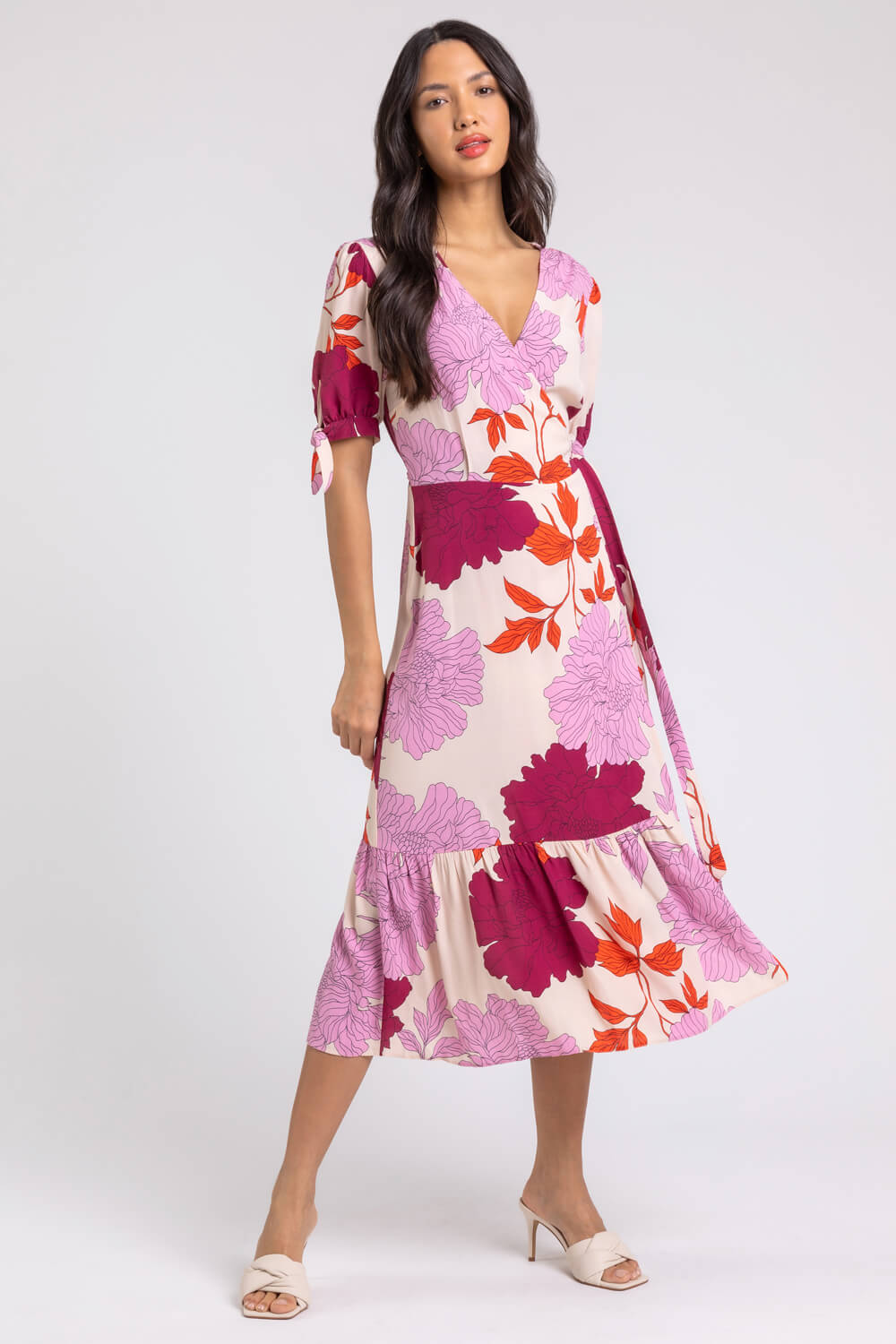 Mauve Floral Frill Hem Wrap Midi Dress, Image 6 of 6