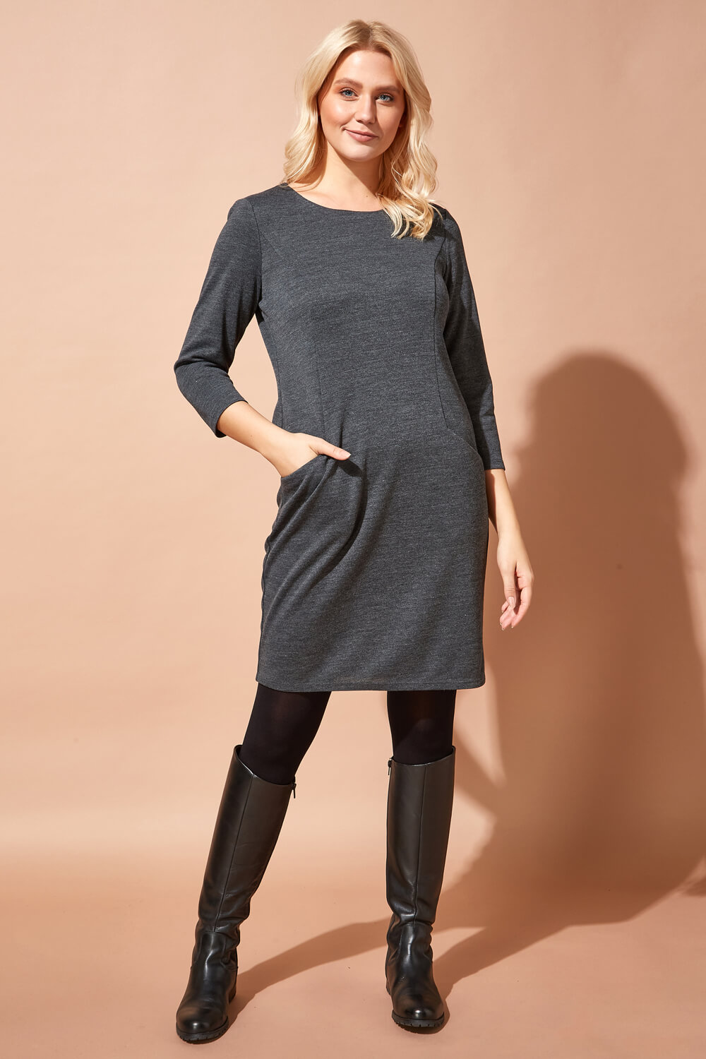 Charcoal Relaxed Sleeve Pocket Dress, Image 2 of 4