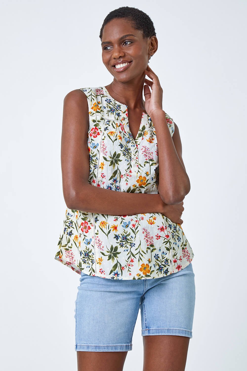 Ivory  Ditsy Floral Print Sleeveless Blouse , Image 2 of 6