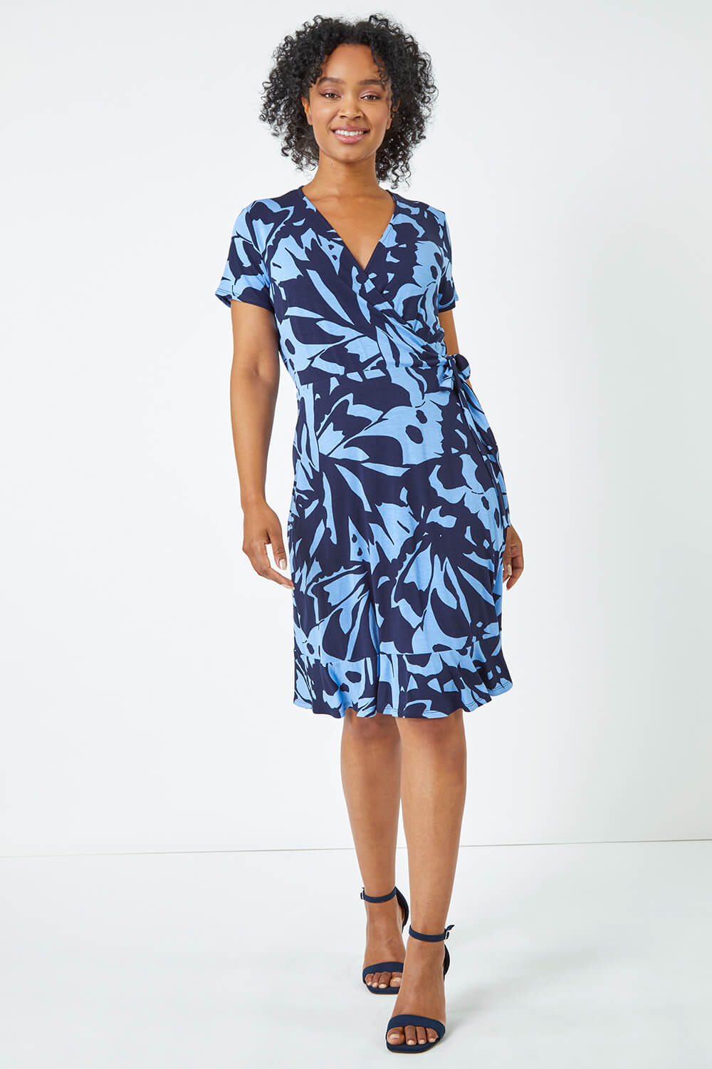 Blue Petite Abstract Print Wrap Dress, Image 2 of 5