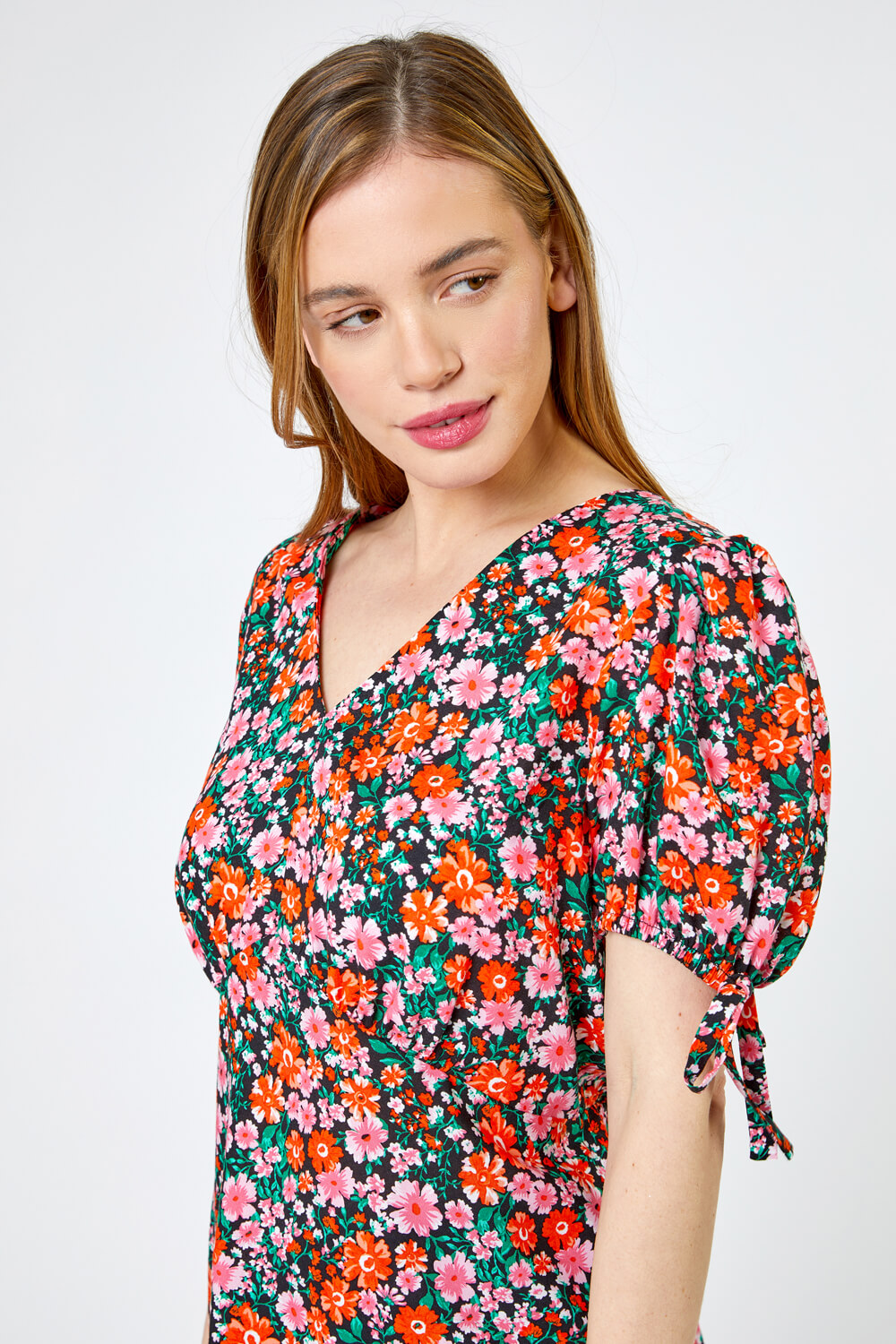Red Petite Floral Print V Neck Top, Image 4 of 4