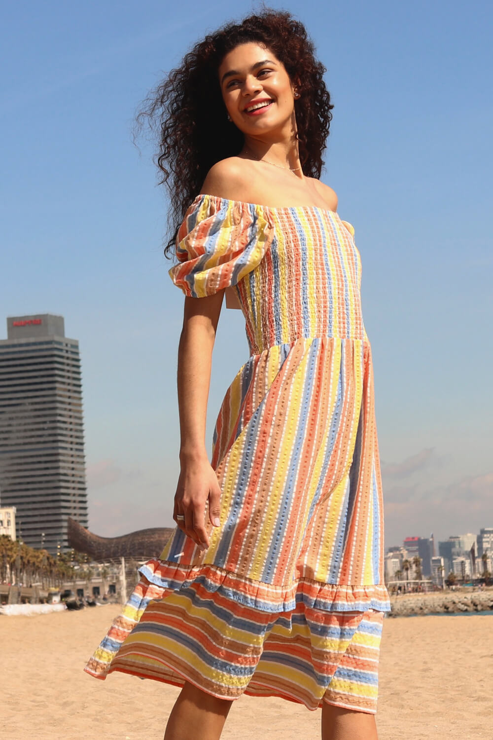 Yellow Stripe Shirred Puff Sleeve Cotton Dress | Roman UK