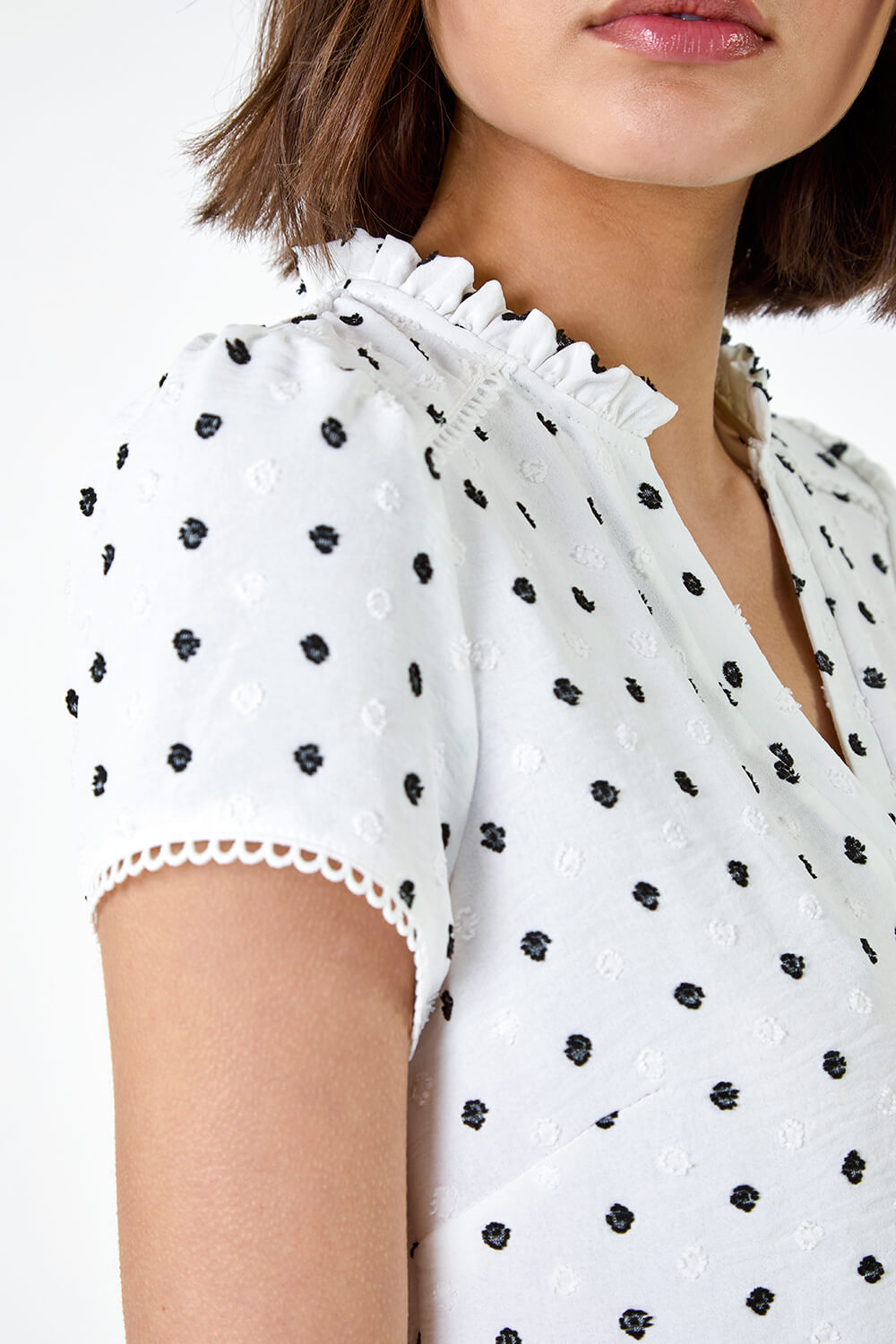 Ivory  Textured Spot Print Ruffle Detail Top, Image 5 of 5