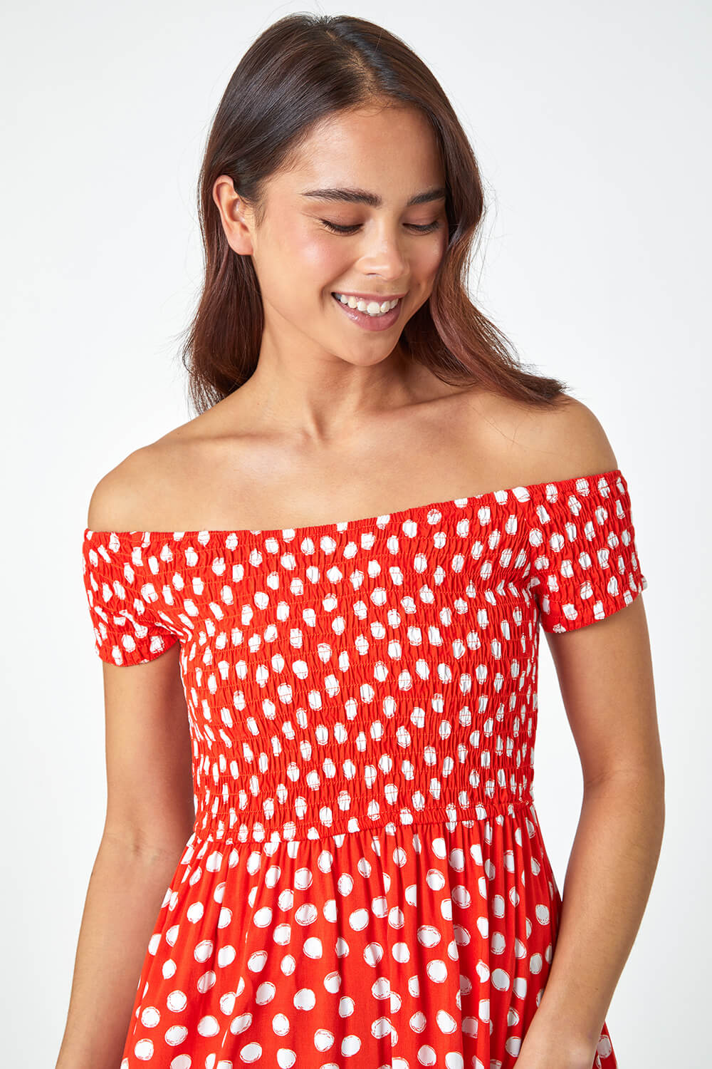 Red Petite Polka Dot Bardot Midi Dress, Image 4 of 5