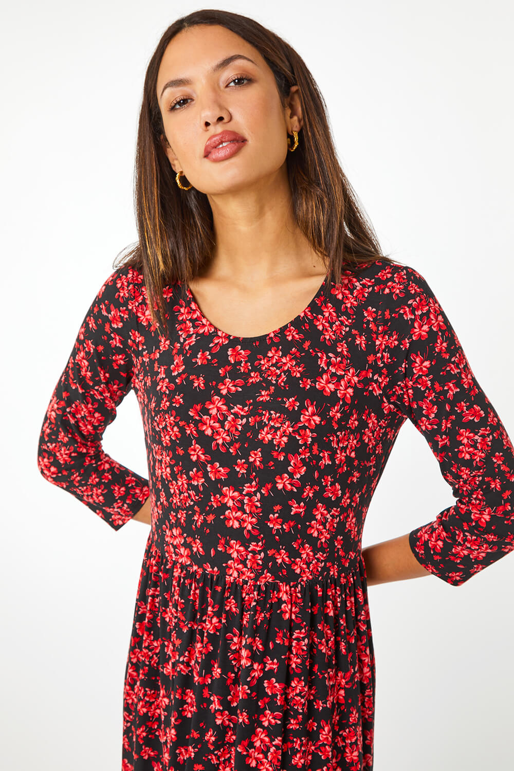 Red Ditsy Floral Stretch Midi Dress , Image 4 of 5
