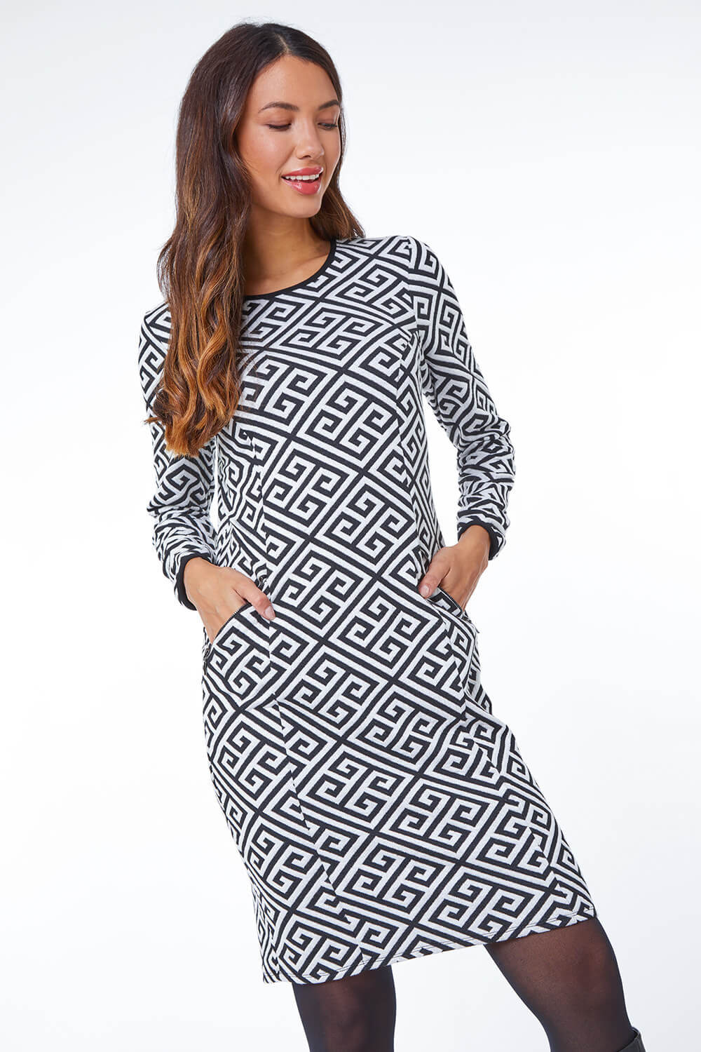 Grey Geometric Print Zip Pocket Dress, Image 3 of 5