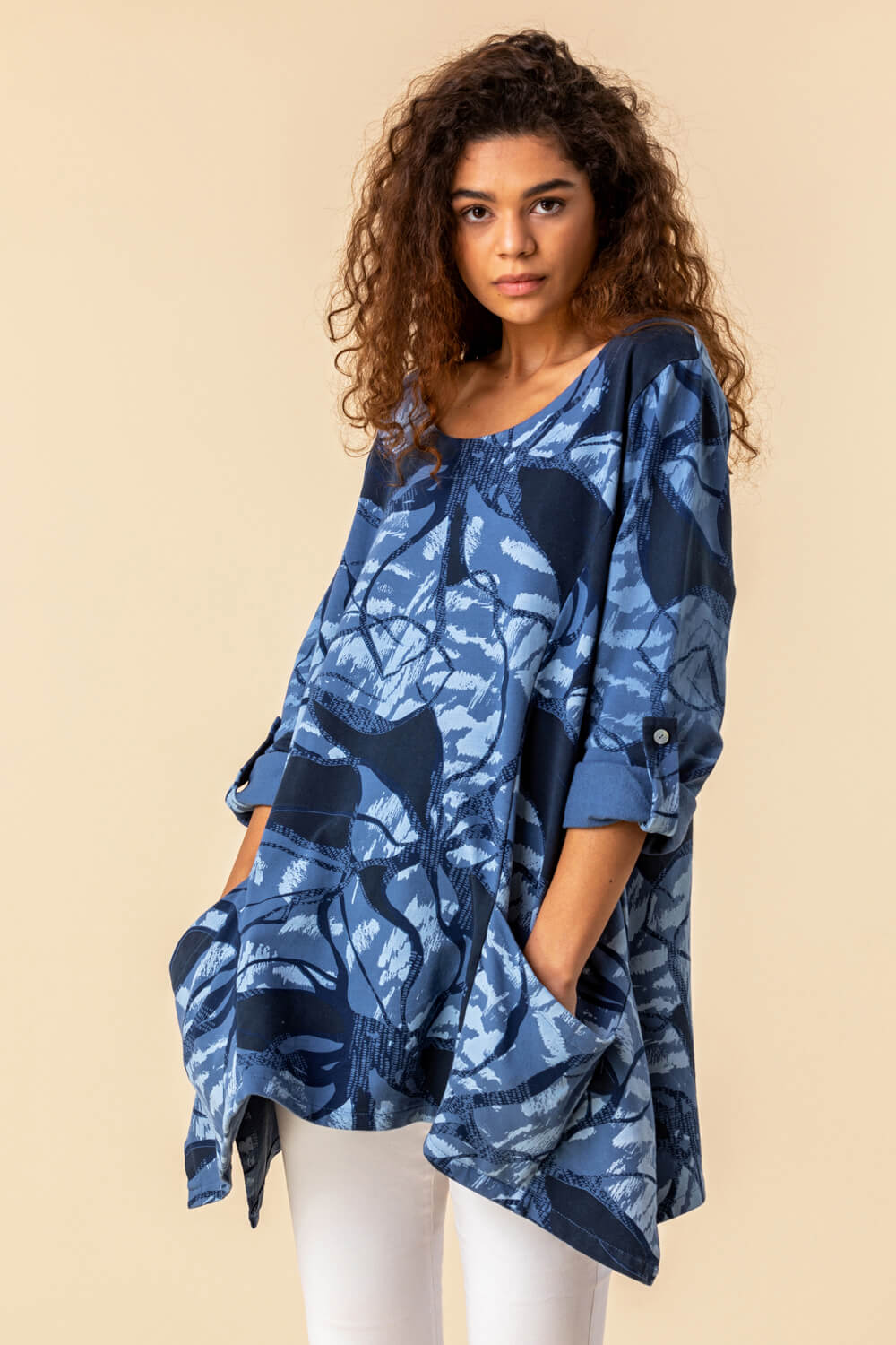 Abstract Print Tunic Top with Pockets in Denim Blue - Roman Originals UK
