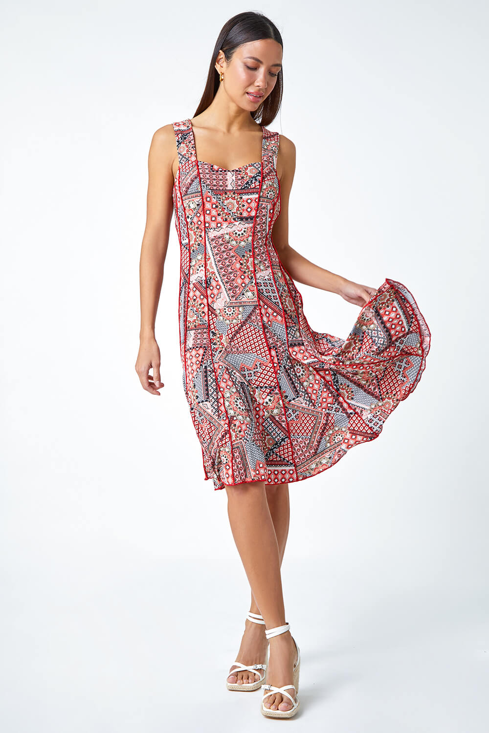 Red Textured Patchwork Panelled Stretch Dress, Image 2 of 5