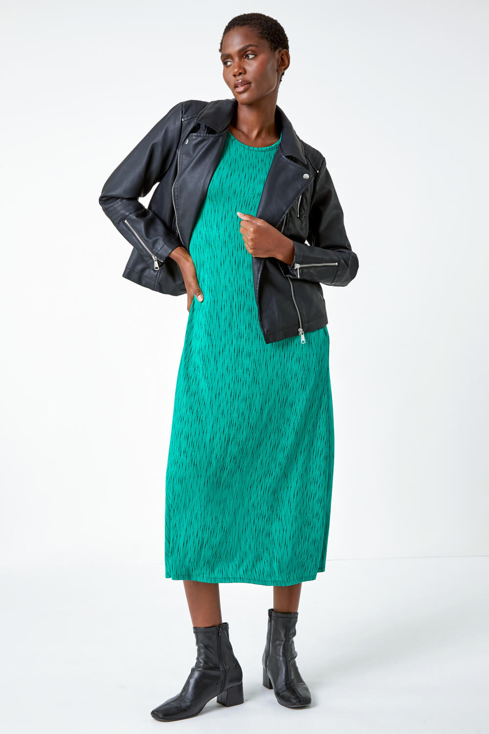 Green Abstract Pocket Stretch Midi Dress, Image 2 of 5