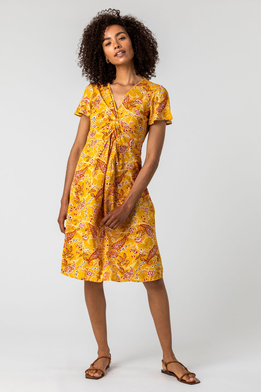 Yellow Paisley Print Twist Knot Dress, Image 3 of 5
