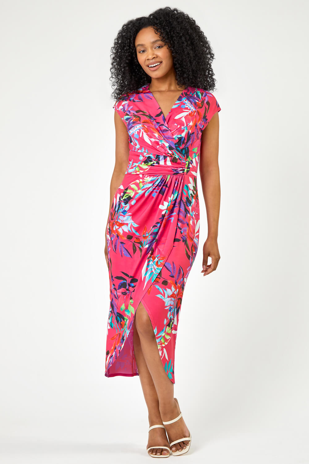 PINK Petite Tropical Print Ruched Wrap Dress, Image 3 of 5