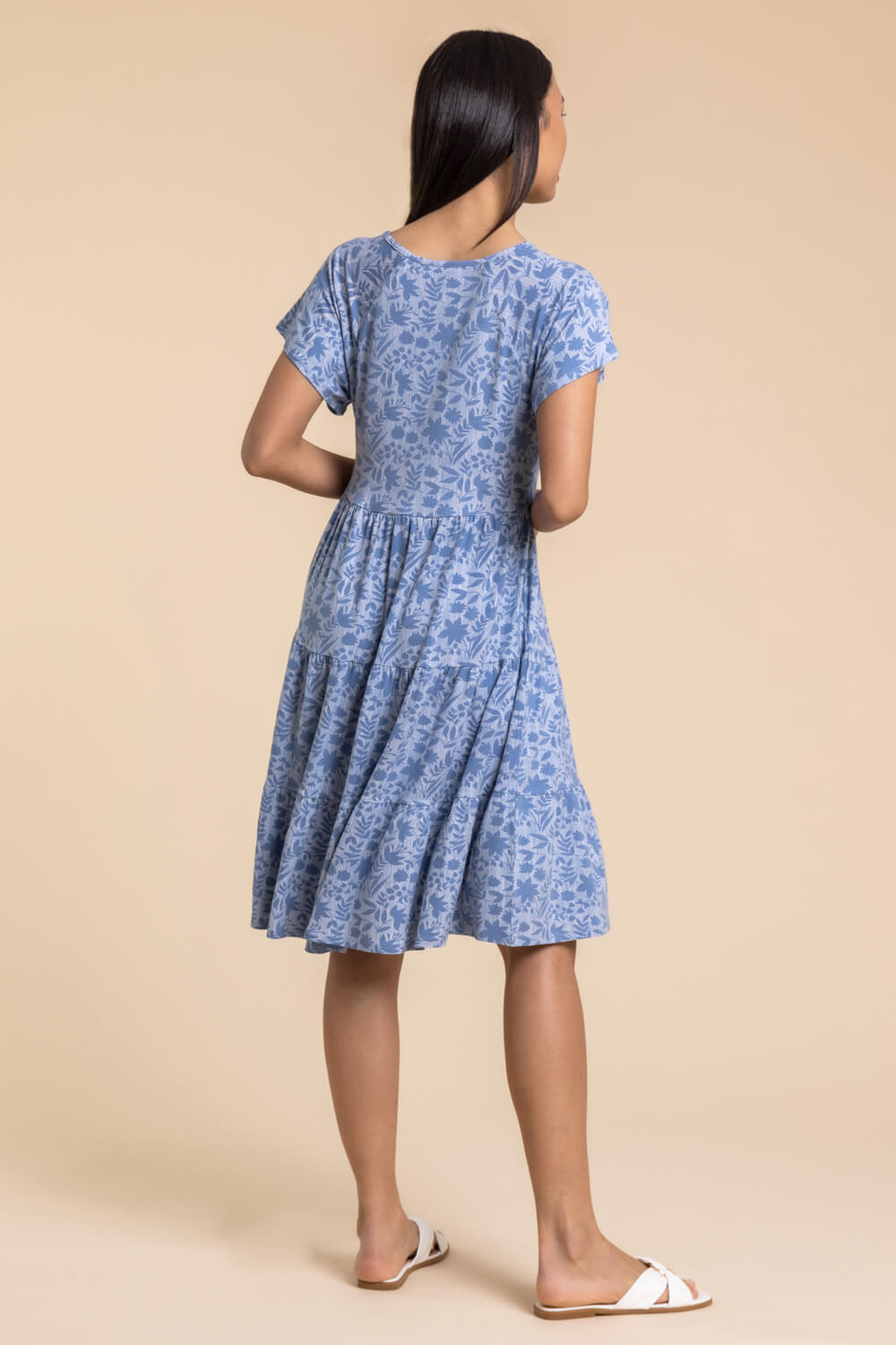 Blue Tiered Floral Print Stretch Dress, Image 2 of 4