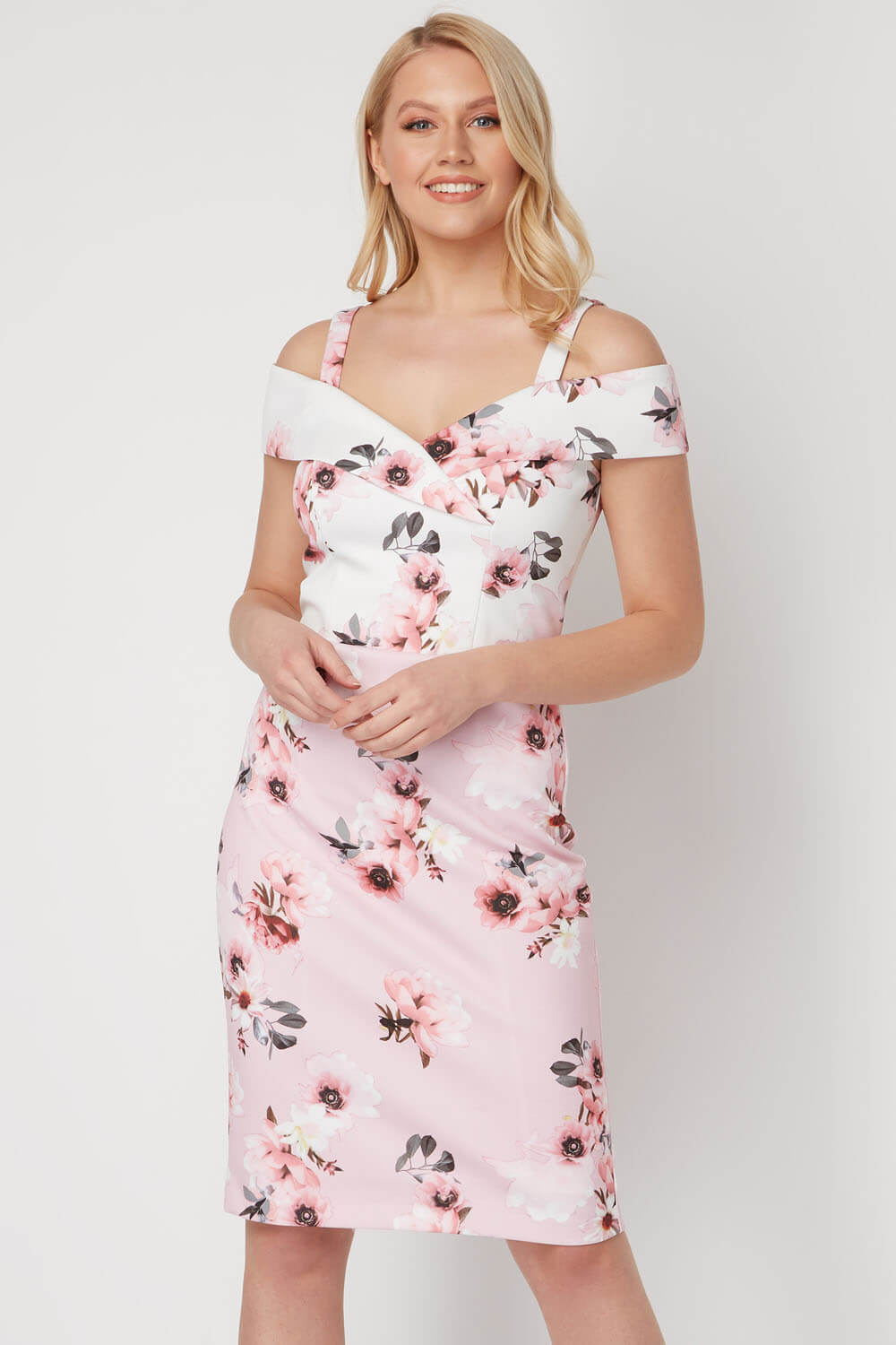 Floral Print Cold Shoulder Dress in Light Pink - Roman Originals UK