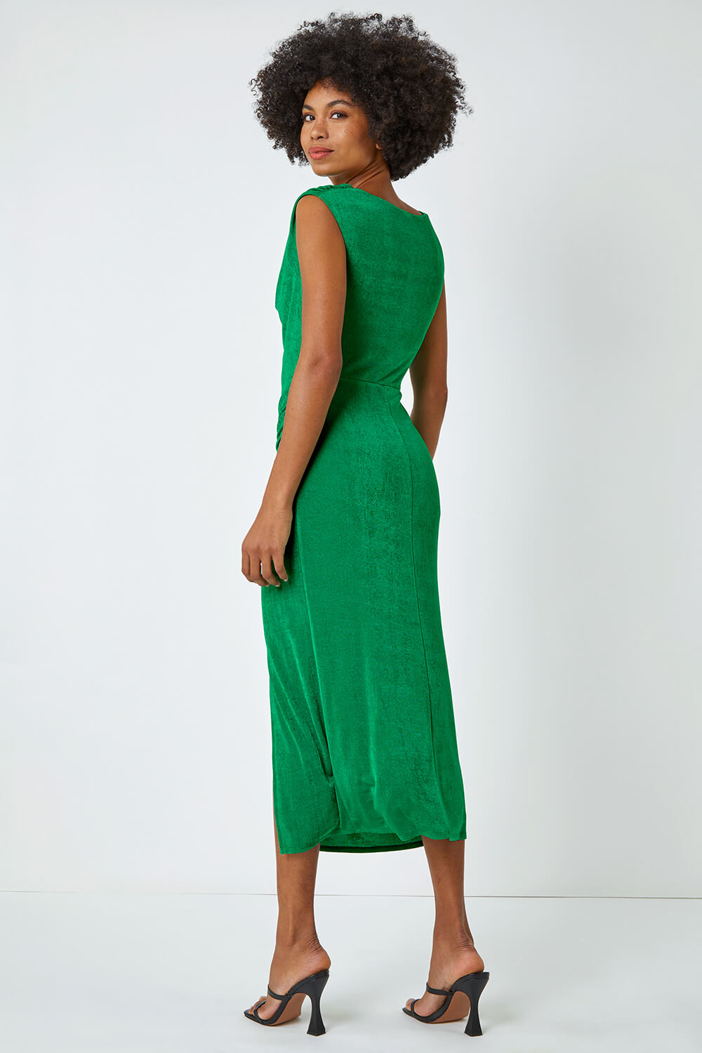 Green Cowl Neck Ruched Midi Dress, Image 3 of 5