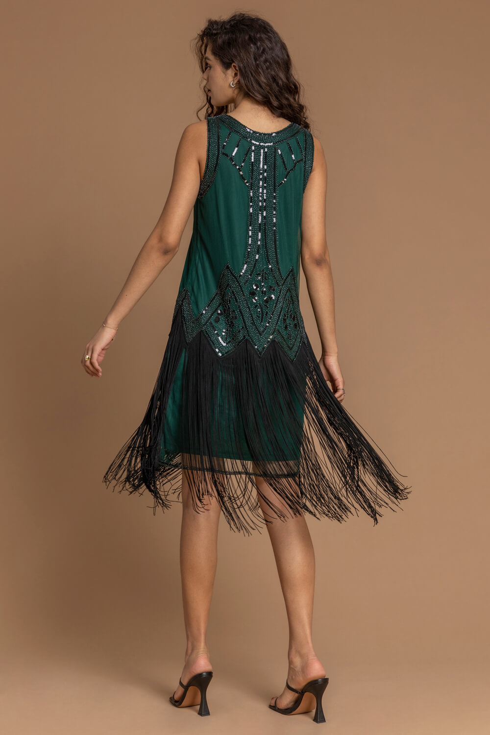 Forest  Sequin Fringe Hem Flapper Dress, Image 2 of 5