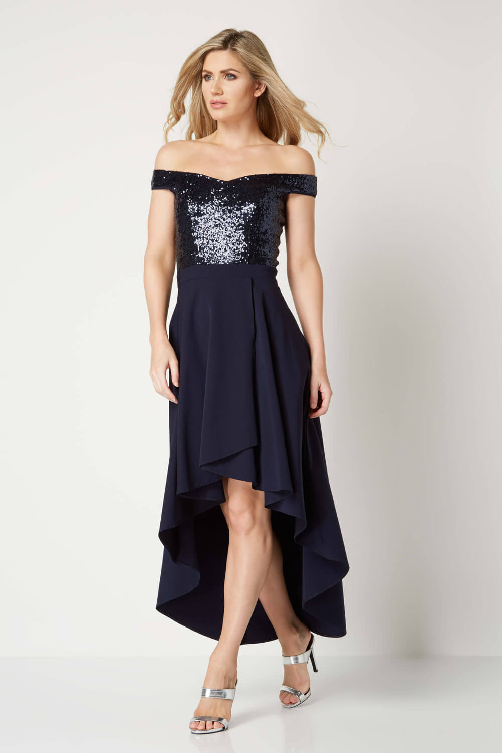 Navy  Sequin Bardot Gown, Image 2 of 4