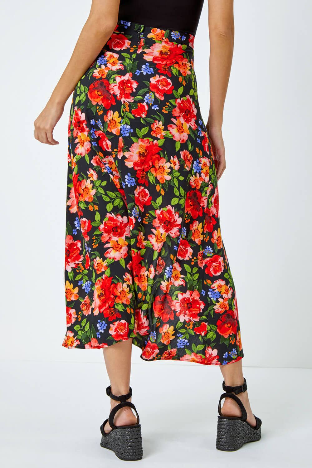 Red Floral Print Button Detail Maxi Skirt | Roman UK