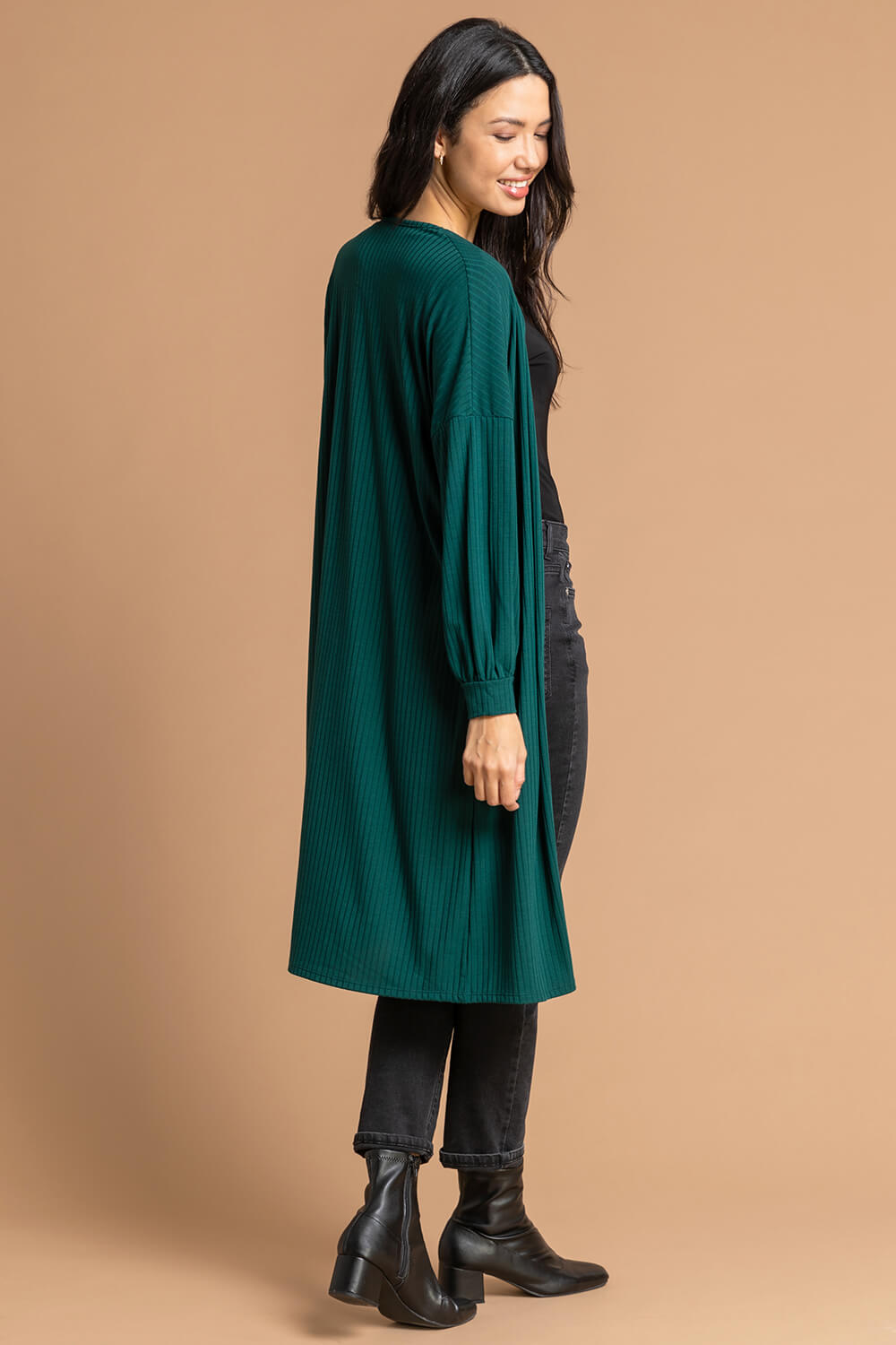 Forest  Longline Ribbed Texture Cardigan, Image 2 of 5