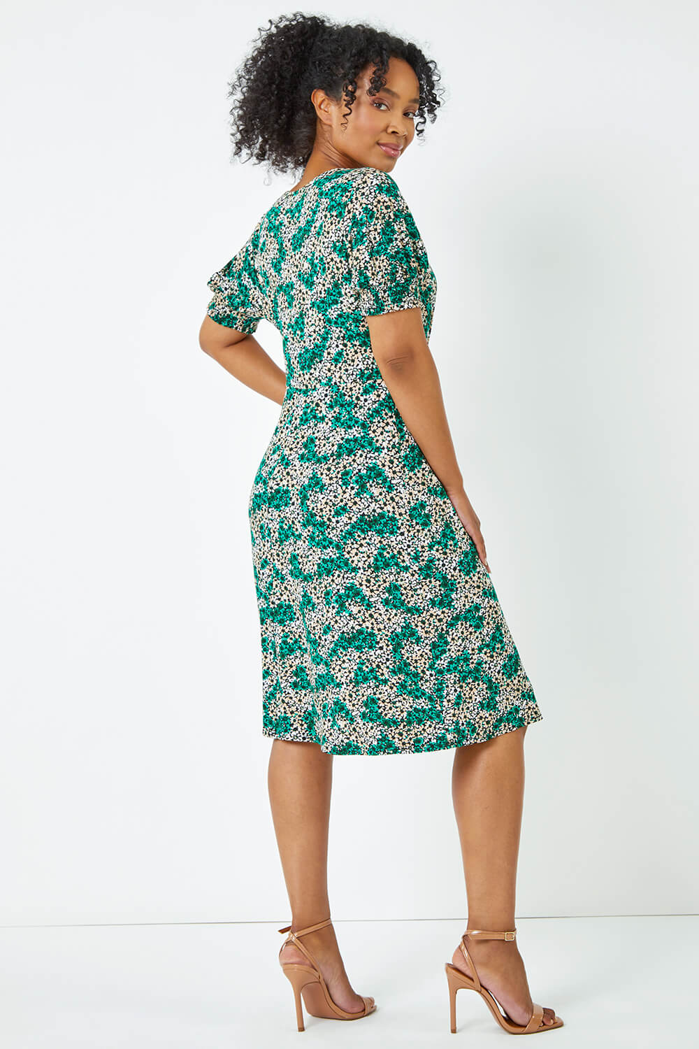 Green Petite Shirred Sleeve Floral Dress, Image 3 of 5