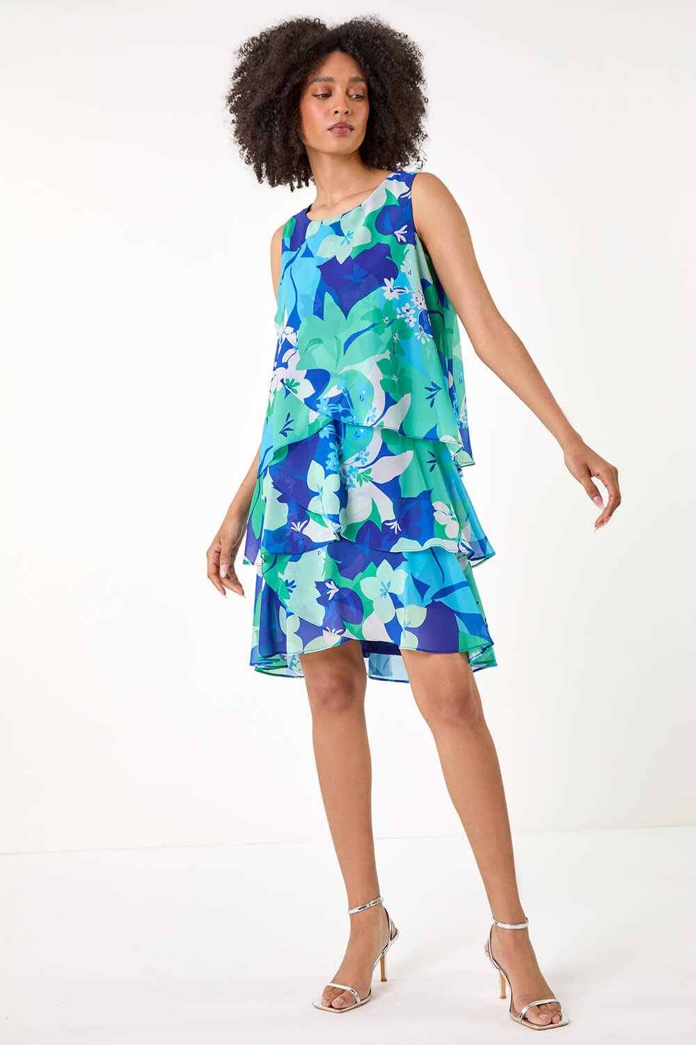 Blue Floral Print Tiered Layer Dress, Image 2 of 5