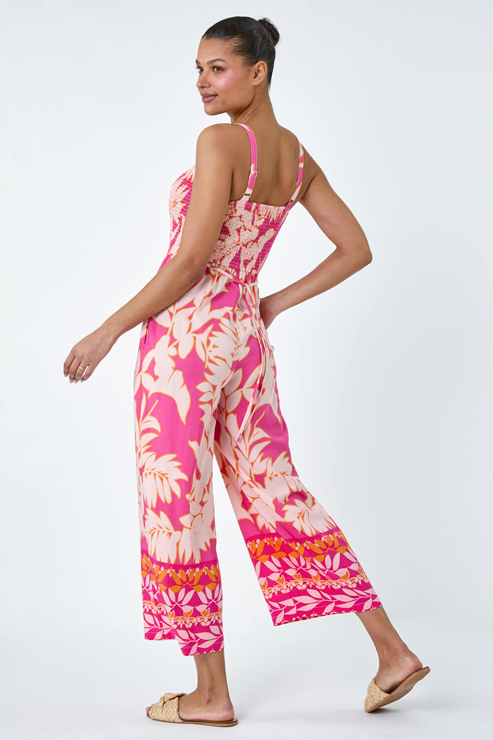 Fuchsia Floral Border Print Crop Stretch Jumpsuit, Image 3 of 5
