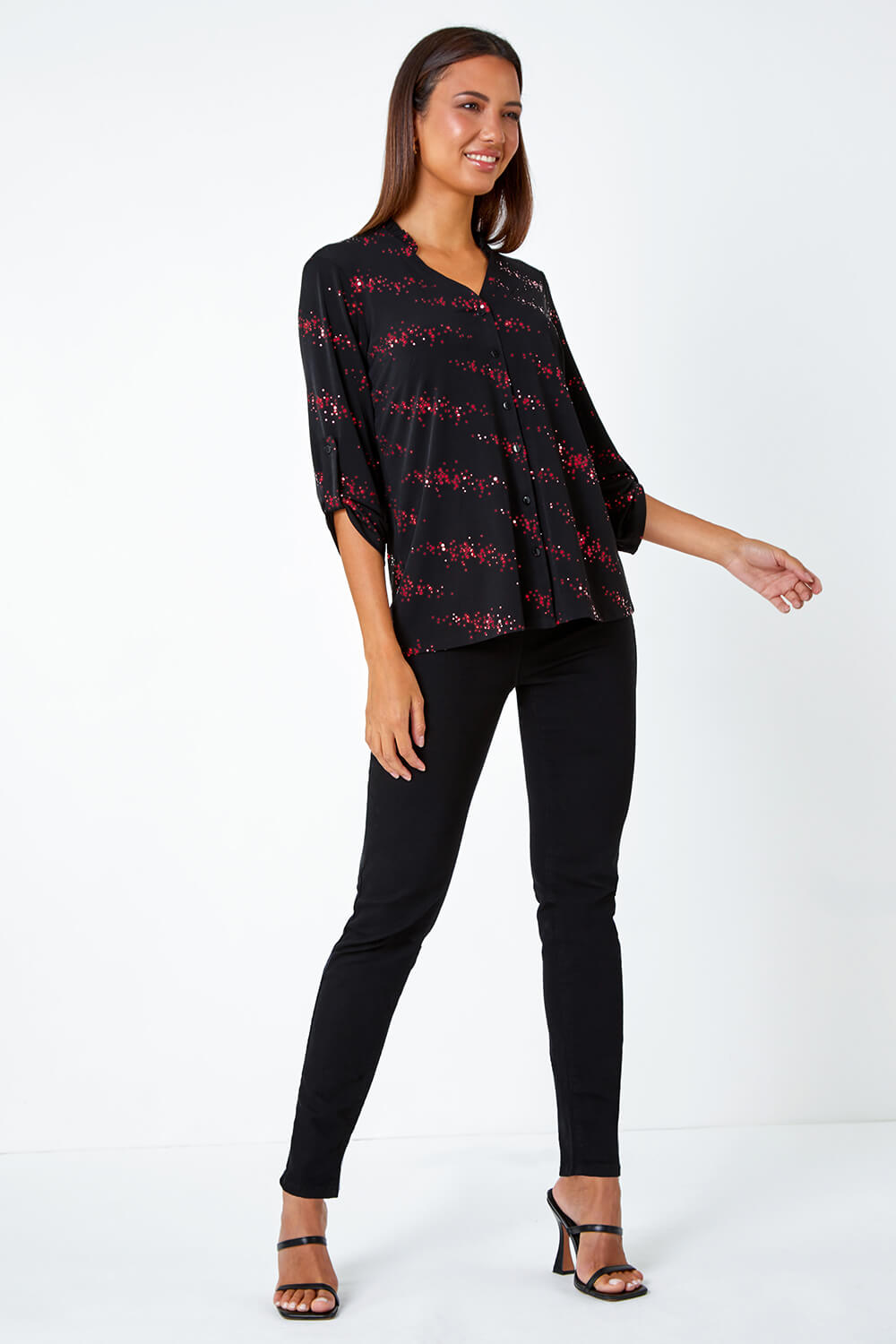 Red Metallic Spot Print Stretch Blouse, Image 3 of 5