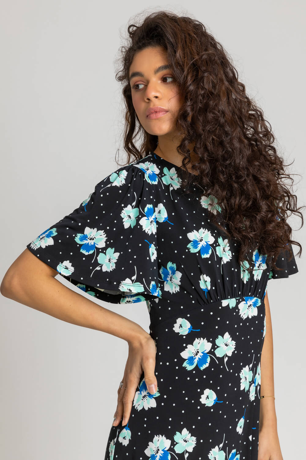 Black Spotted Floral Fit & Flare Midi Dress, Image 4 of 5