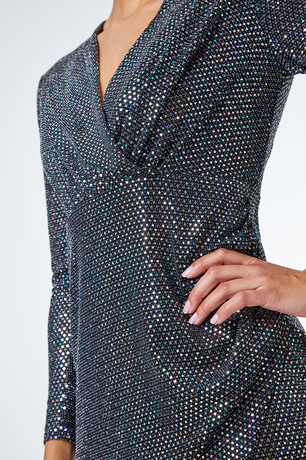 Black Petite Sparkle Embellished Ruched Wrap Dress , Image 5 of 5